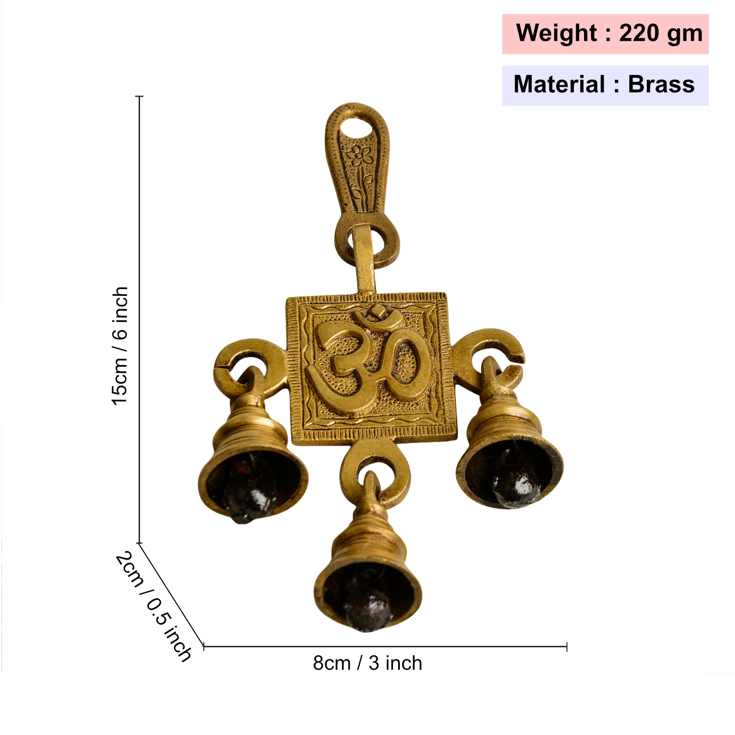 Pure Brass Om Swastik Hanging Bells Set for Door Entrance (Set of 2 , 8 x 2 x 15 cm , 440 gm) - View 2