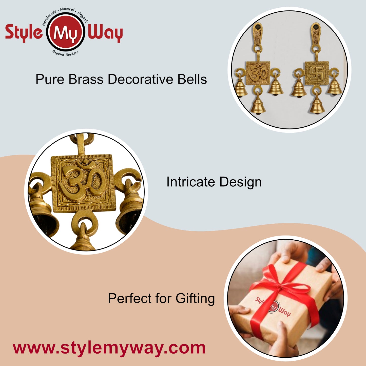 Pure Brass Om Swastik Hanging Bells Set for Door Entrance (Set of 2 , 8 x 2 x 15 cm , 440 gm) - View 6