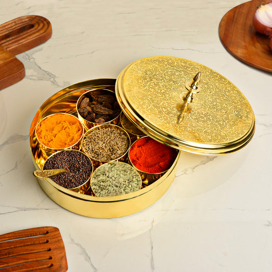 Premium Pure Brass Floral Etched Indian Spice Box for Kitchen with Spoon ( 7 Containers, 120 ml each, Golden Color, Diameter - 8 inches , Weight - 960 gm)
