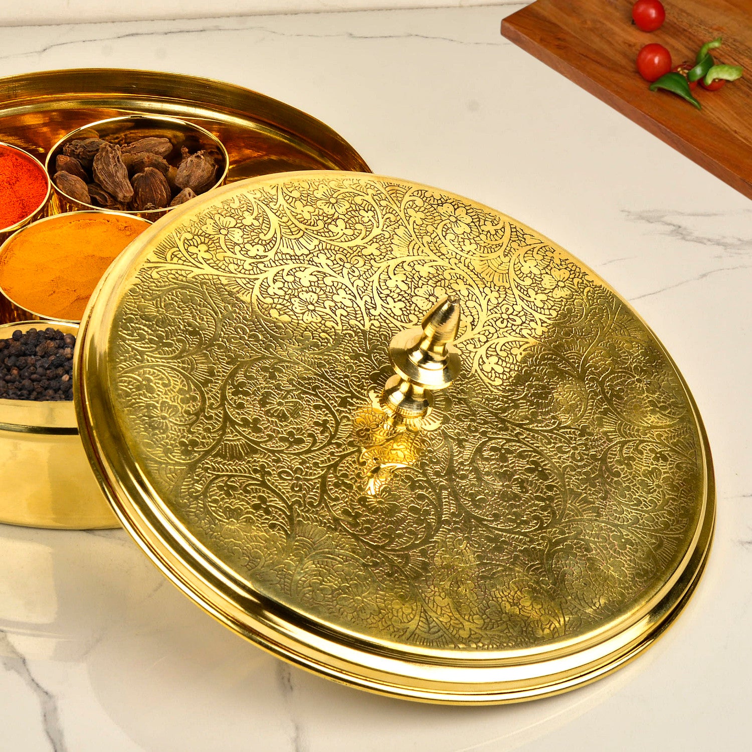 Premium Pure Brass Floral Etched Indian Spice Box for Kitchen with Spoon ( 7 Containers, 120 ml each, Golden Color, Diameter - 8 inches , Weight - 960 gm) - View 3