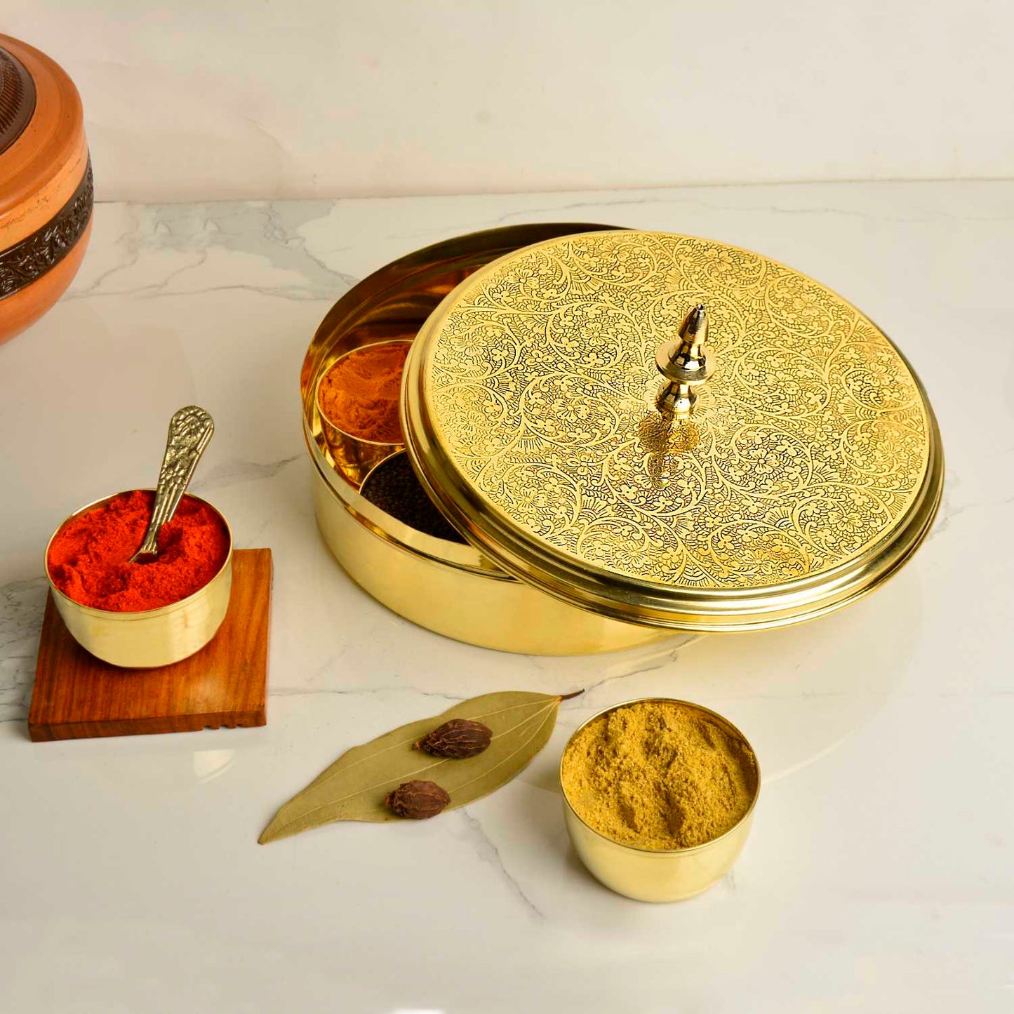 Premium Pure Brass Floral Etched Indian Spice Box for Kitchen with Spoon ( 7 Containers, 120 ml each, Golden Color, Diameter - 8 inches , Weight - 960 gm) - View 6