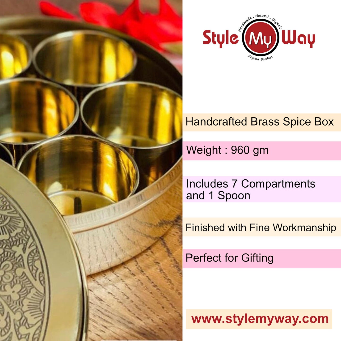 Premium Pure Brass Floral Etched Indian Spice Box for Kitchen with Spoon ( 7 Containers, 120 ml each, Golden Color, Diameter - 8 inches , Weight - 960 gm) - View 7