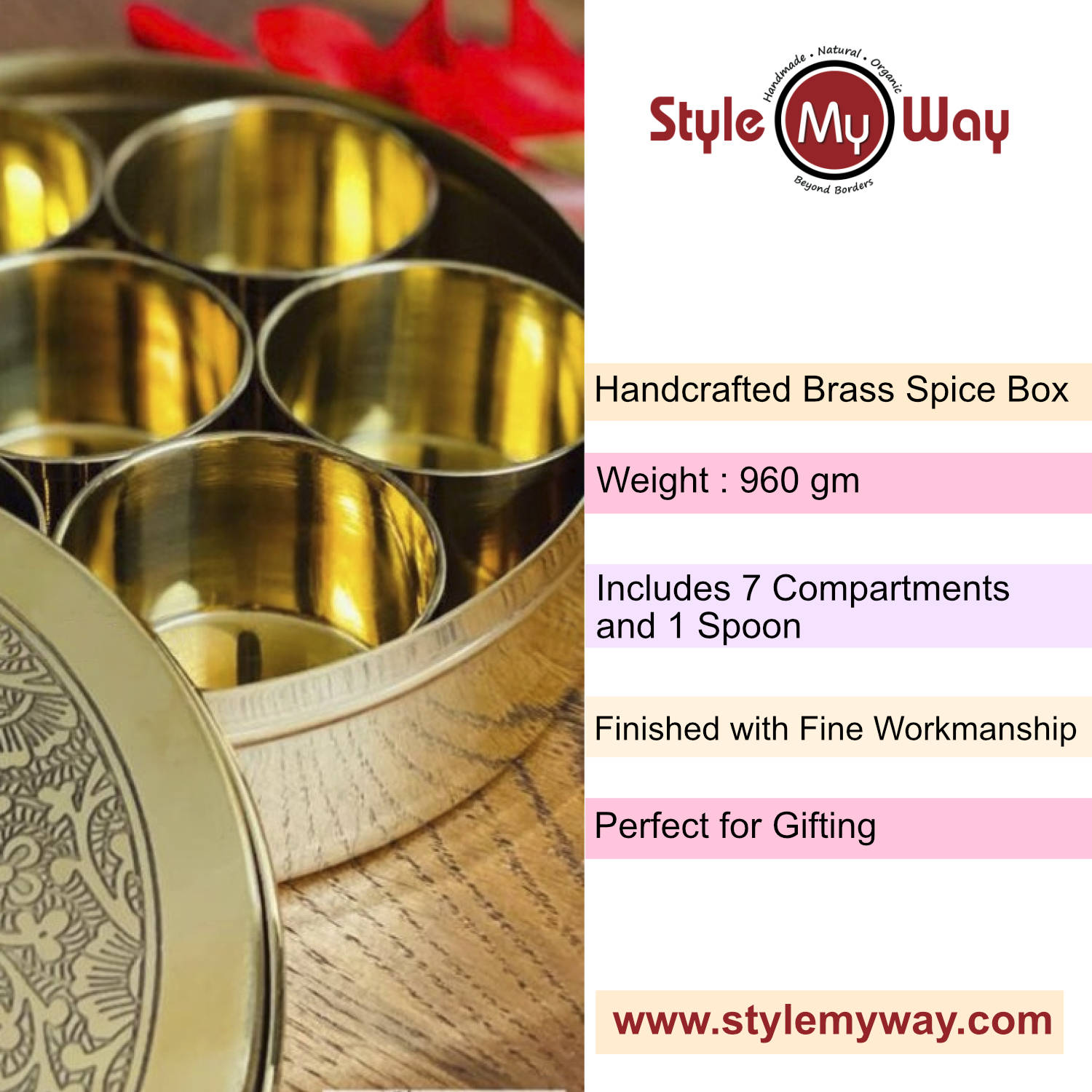 Premium Pure Brass Floral Etched Indian Spice Box for Kitchen with Spoon ( 7 Containers, 120 ml each, Golden Color, Diameter - 8 inches , Weight - 960 gm) - View 7