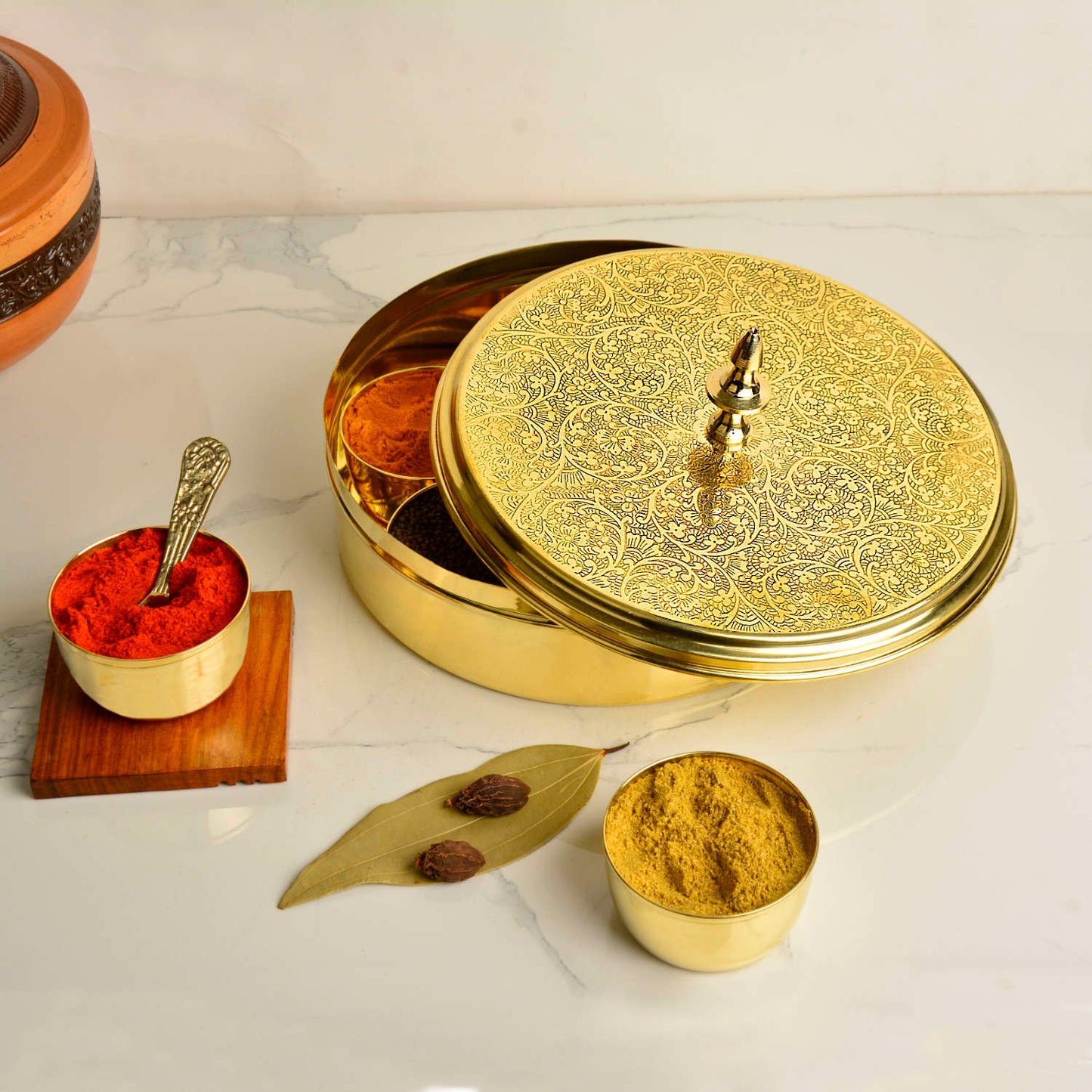 Premium Pure Brass Floral Etched Indian Spice Box for Kitchen with Spoon ( 7 Containers, 80 ml each, Golden Color, Diameter - 7.2 inches , Weight - 850 gm)