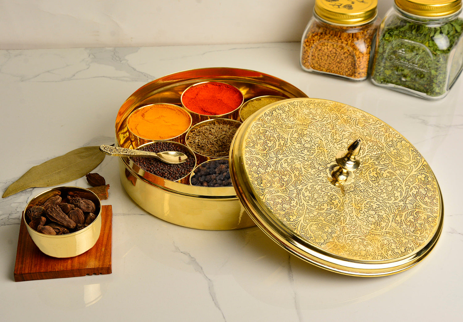 Premium Pure Brass Floral Etched Indian Spice Box for Kitchen with Spoon ( 7 Containers, 80 ml each, Golden Color, Diameter - 7.2 inches , Weight - 850 gm) - View 6