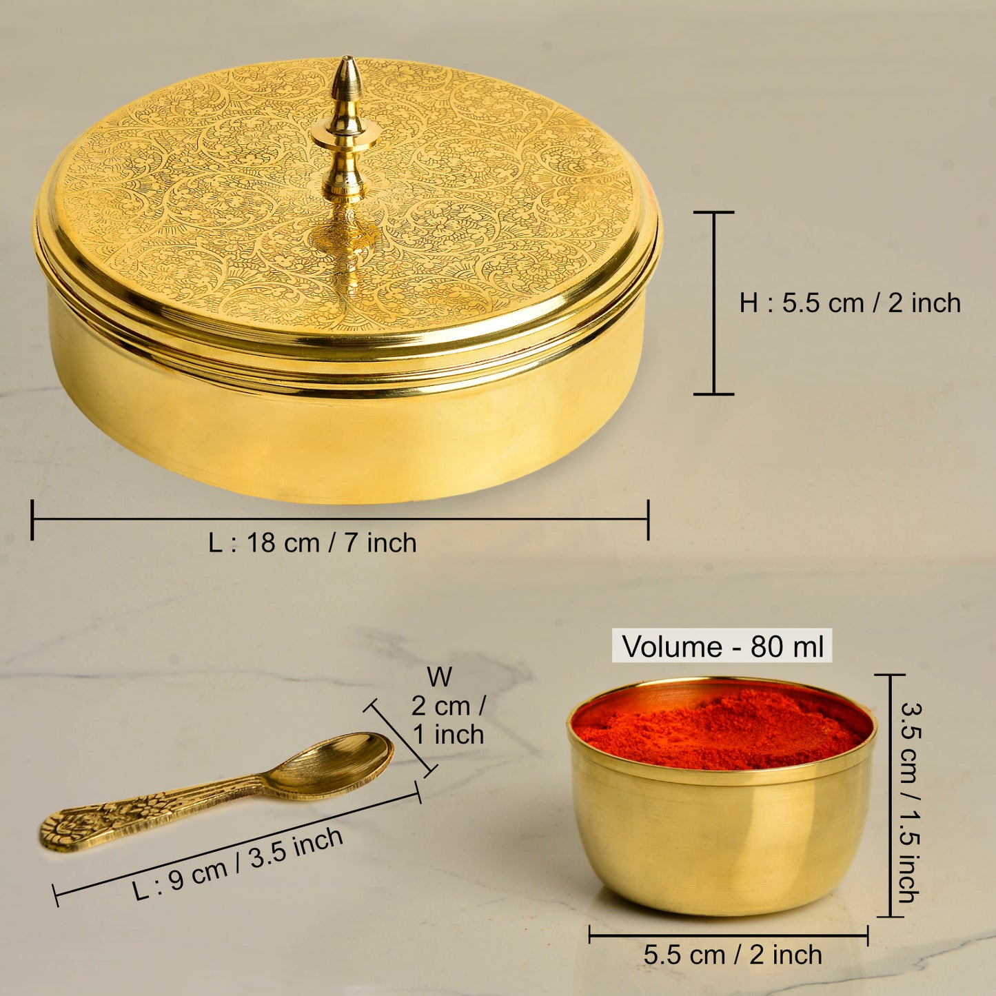 Premium Pure Brass Floral Etched Indian Spice Box for Kitchen with Spoon ( 7 Containers, 80 ml each, Golden Color, Diameter - 7.2 inches , Weight - 850 gm) - View 3