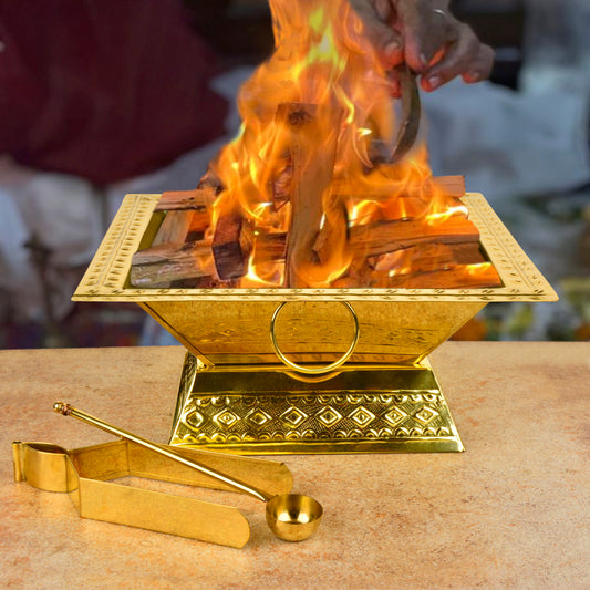 Premium 12 inches Brass Hawan Kund Set for Home (Havan Kund , Stand , Suchi Spoon , Tong / Chimta ; L x B x H – 31 x 31 x 13 cm ; 1175 gm)