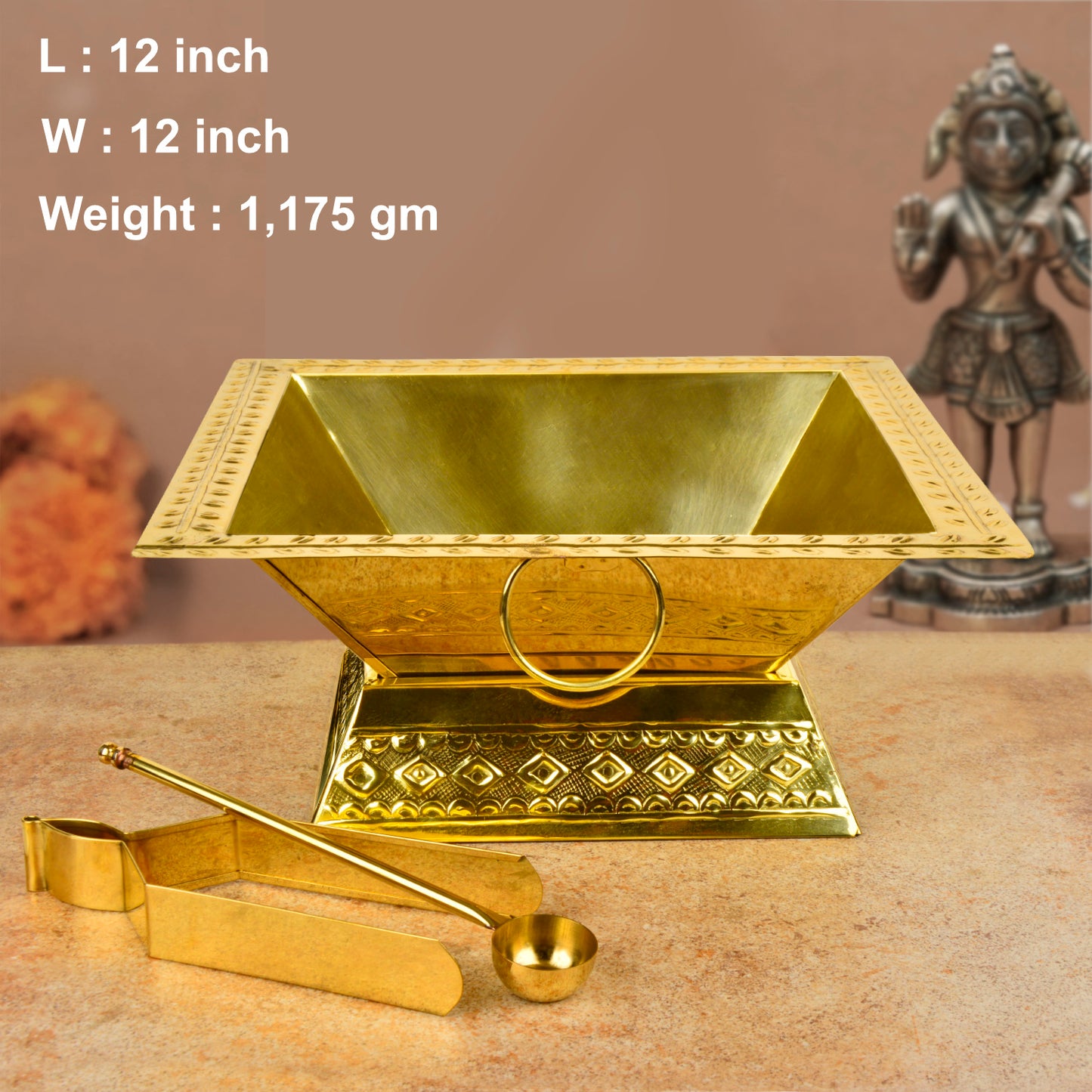 Premium 12 inches Brass Hawan Kund Set for Home (Havan Kund , Stand , Suchi Spoon , Tong / Chimta ; L x B x H – 31 x 31 x 13 cm ; 1175 gm) - View 3