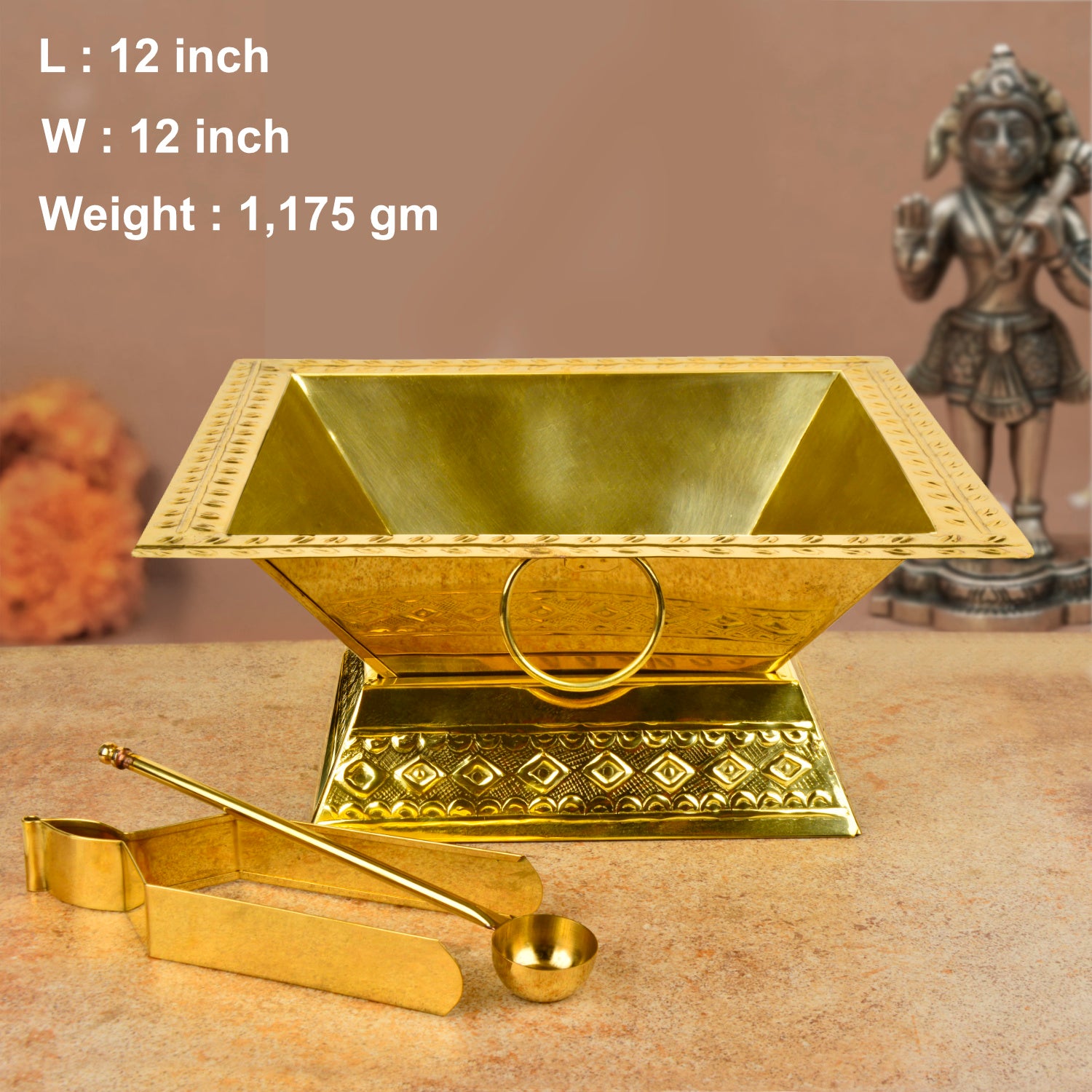 Premium 12 inches Brass Hawan Kund Set for Home (Havan Kund , Stand , Suchi Spoon , Tong / Chimta ; L x B x H – 31 x 31 x 13 cm ; 1175 gm) - View 3