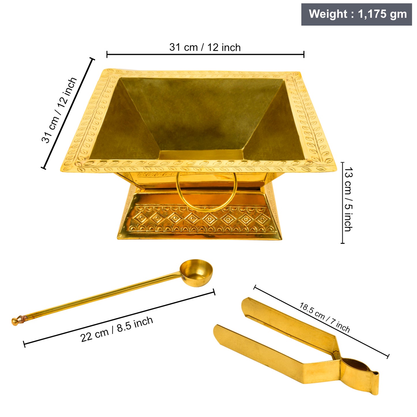 Premium 12 inches Brass Hawan Kund Set for Home (Havan Kund , Stand , Suchi Spoon , Tong / Chimta ; L x B x H – 31 x 31 x 13 cm ; 1175 gm) - View 2