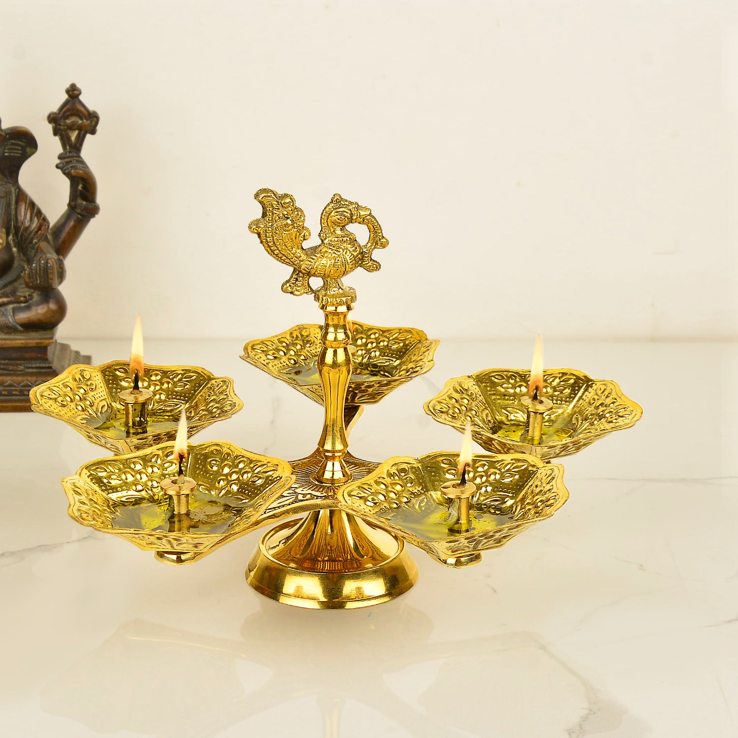Pure Brass Premium Panch Mukhi Diya with Dancing Peacock (L x B x H - 21.5 x 21.5 x 17 cm, 395 gm)