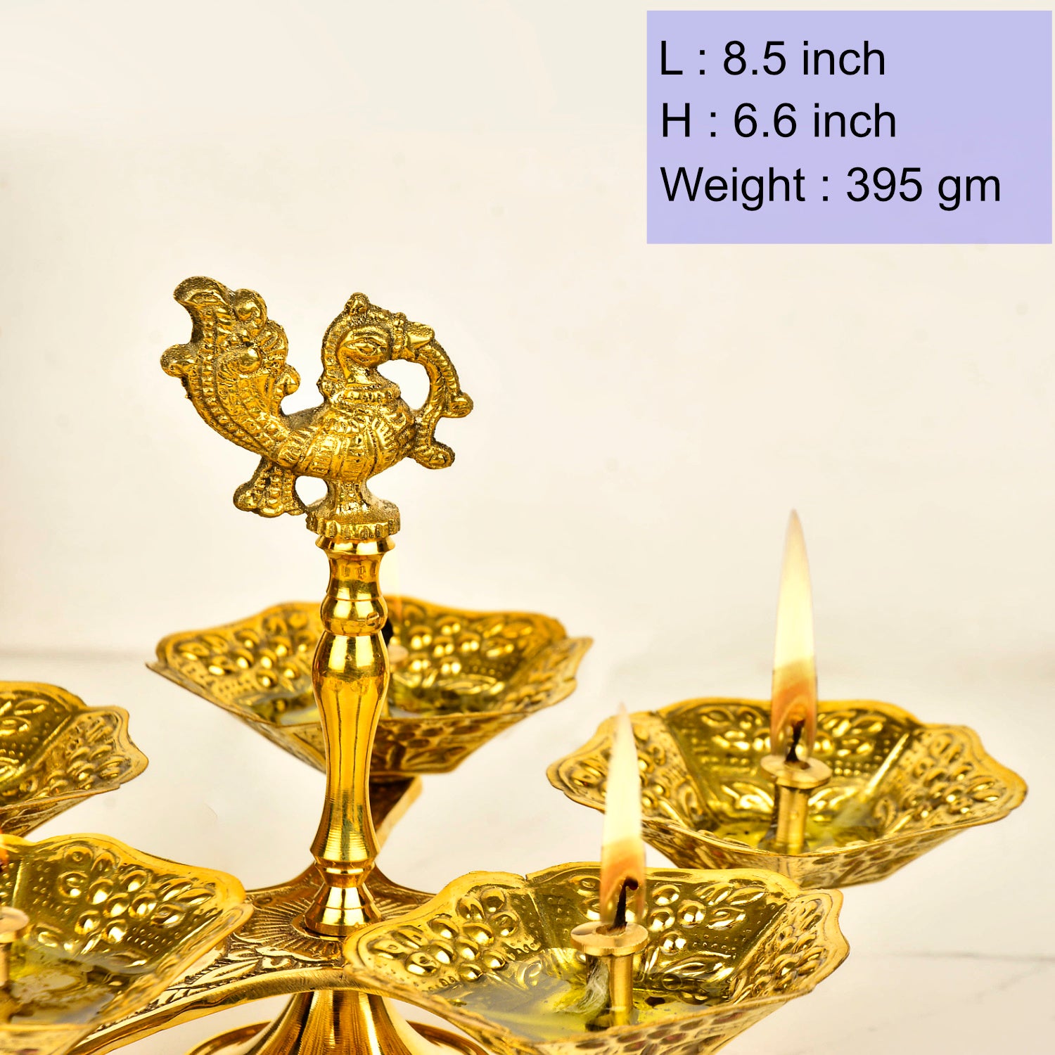 Pure Brass Premium Panch Mukhi Diya with Dancing Peacock (L x B x H - 21.5 x 21.5 x 17 cm, 395 gm) - View 3