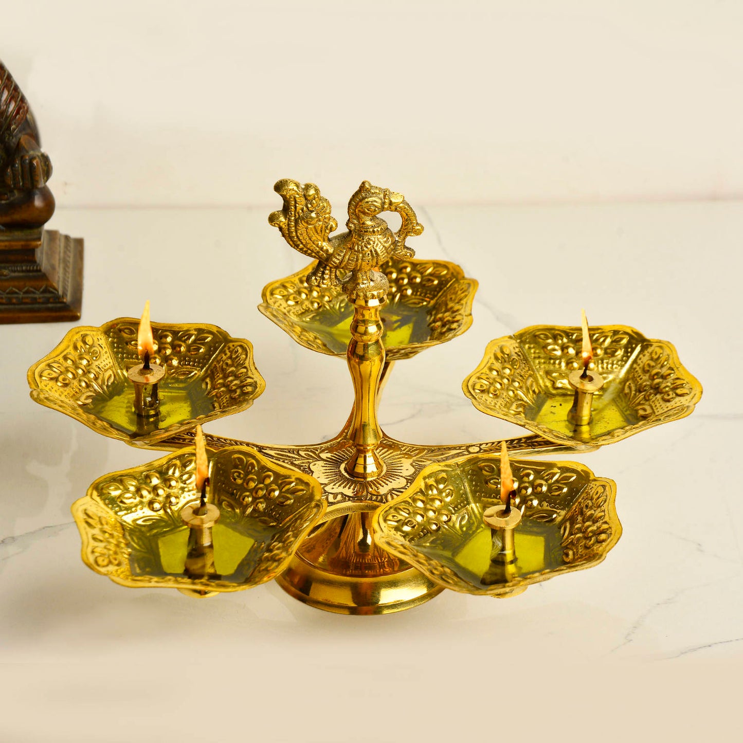 Pure Brass Premium Panch Mukhi Diya with Dancing Peacock (L x B x H - 21.5 x 21.5 x 17 cm, 395 gm) - View 4