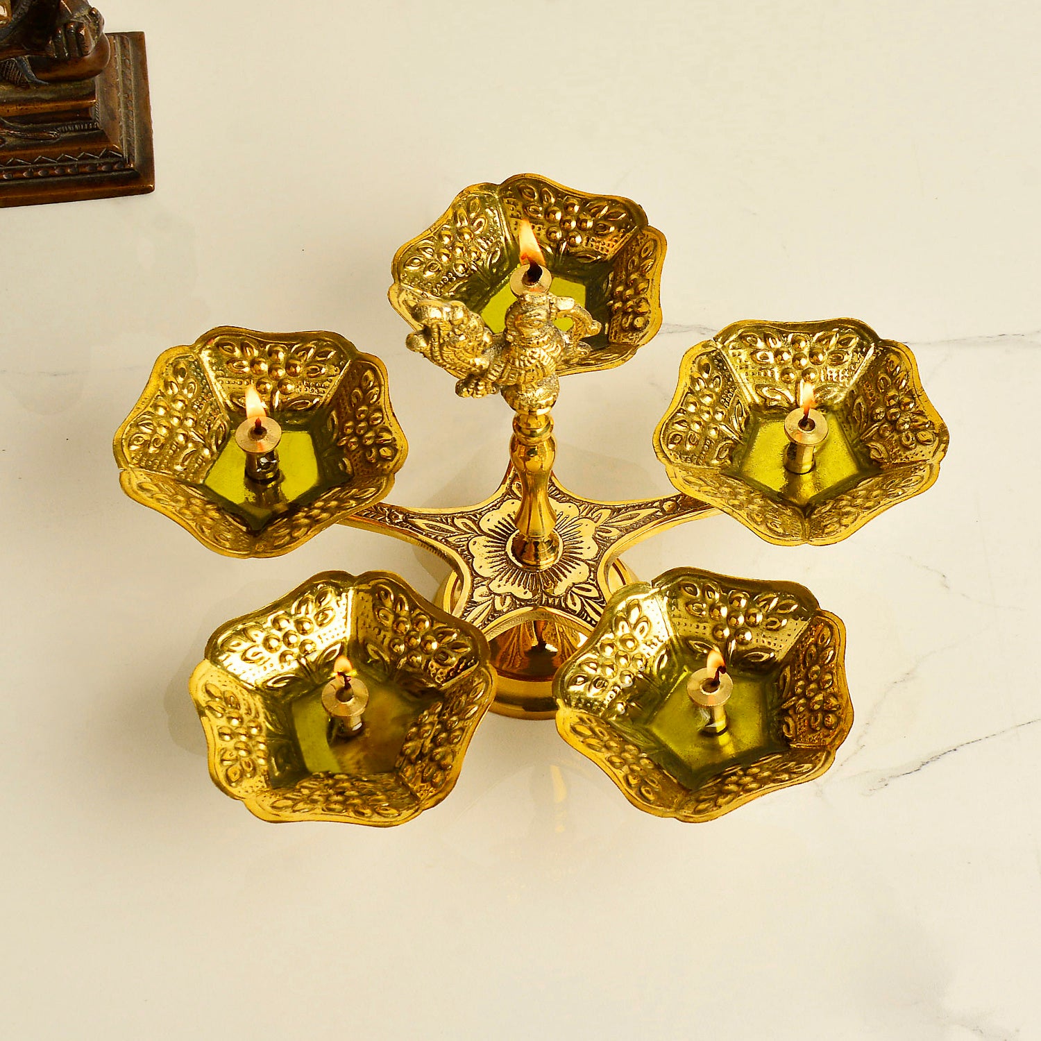 Pure Brass Premium Panch Mukhi Diya with Dancing Peacock (L x B x H - 21.5 x 21.5 x 17 cm, 395 gm) - View 5