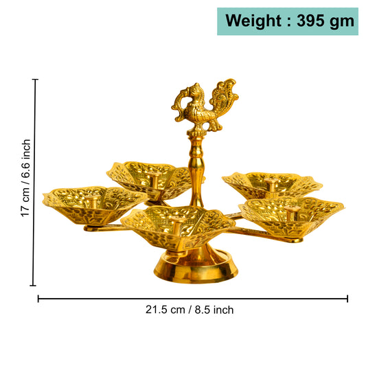 Pure Brass Premium Panch Mukhi Diya with Dancing Peacock (L x B x H - 21.5 x 21.5 x 17 cm, 395 gm) - View 2