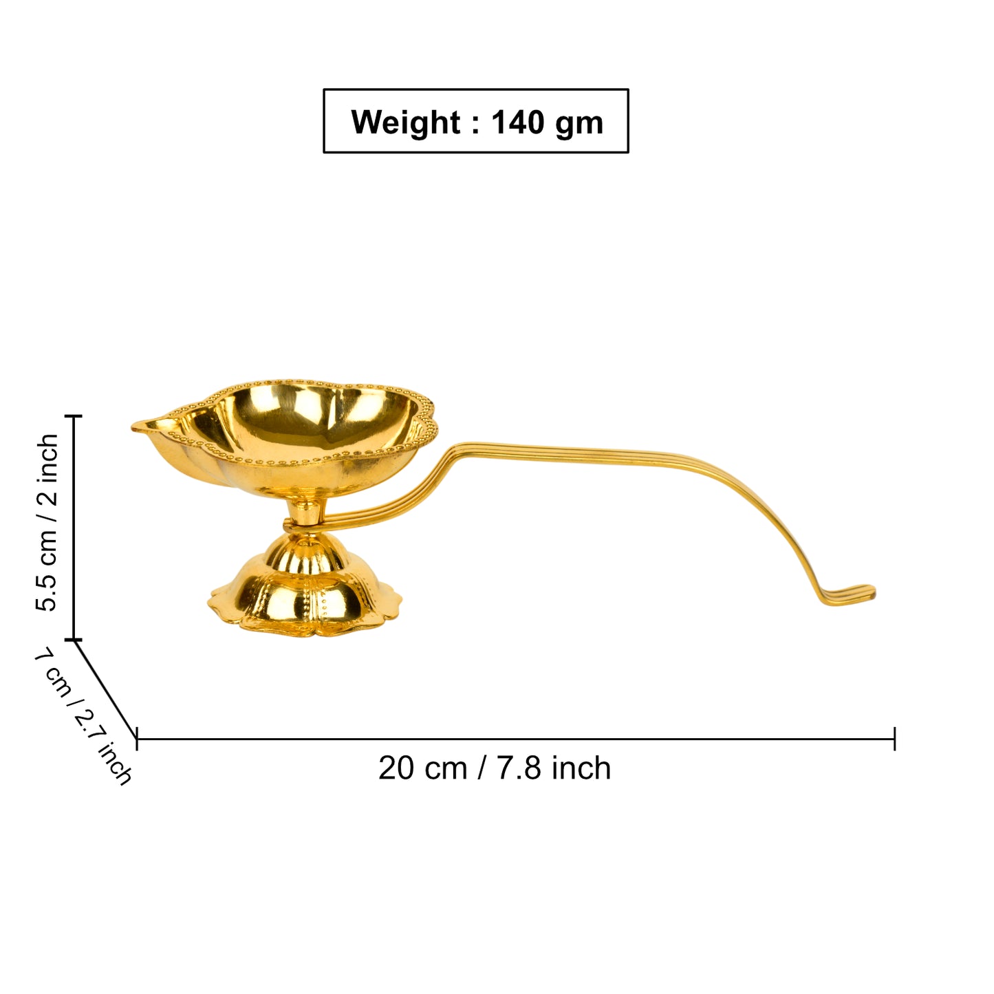 Brass Decorative Pooja Aarti Diya with Handle (L x B x H – 20 x 7 x 5.5 cm ; Weight – 140 gm) - View 2