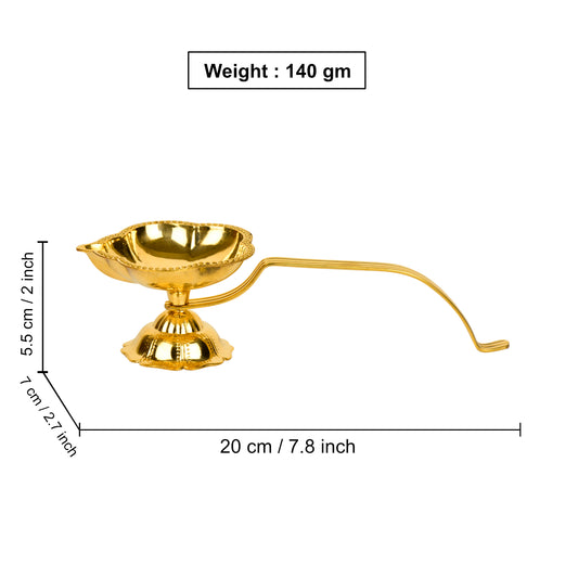 Brass Decorative Pooja Aarti Diya with Handle (L x B x H – 20 x 7 x 5.5 cm ; Weight – 140 gm) - View 2