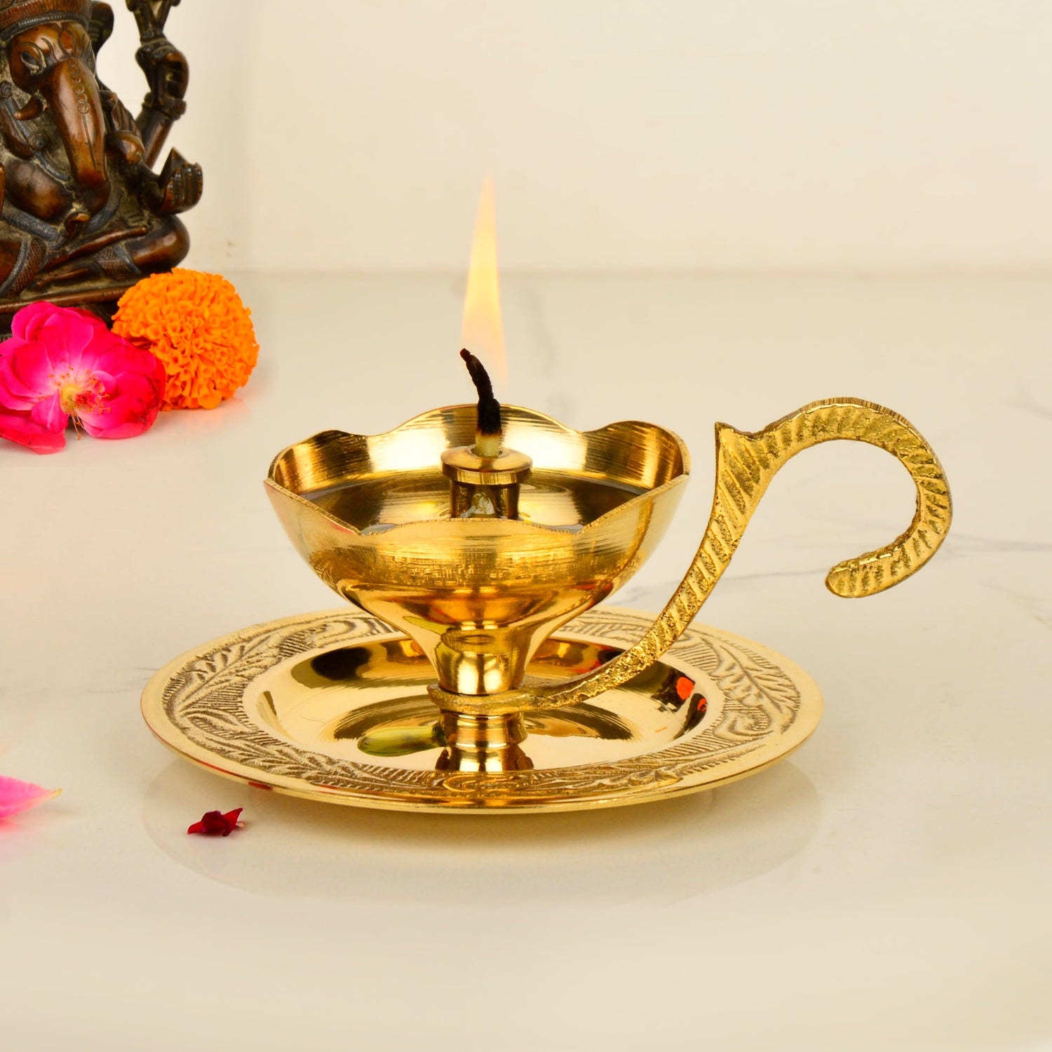Brass Decorative Pooja Diya with Handle and Plate (L x B x H – 10 x 9 x 5 cm ; Weight – 120 gm) - View 3