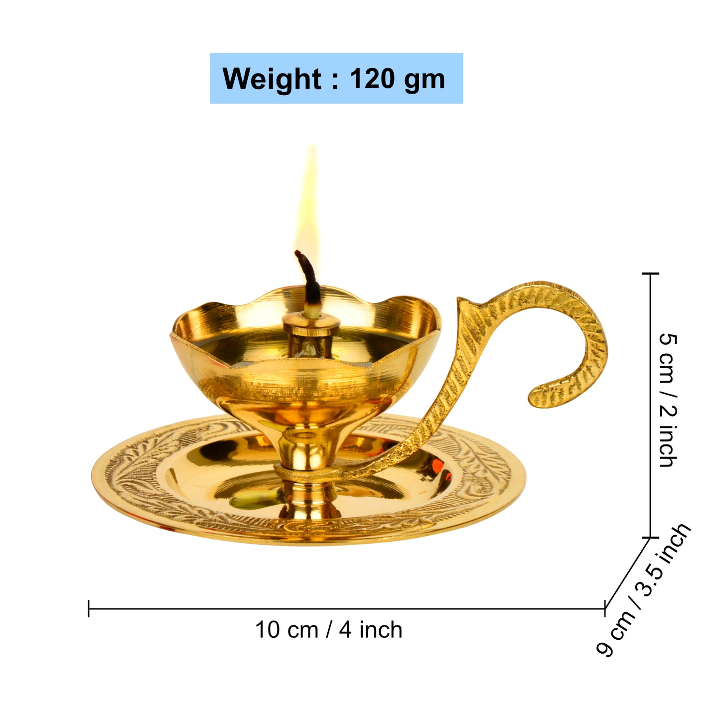 Brass Decorative Pooja Diya with Handle and Plate (L x B x H – 10 x 9 x 5 cm ; Weight – 120 gm) - View 2