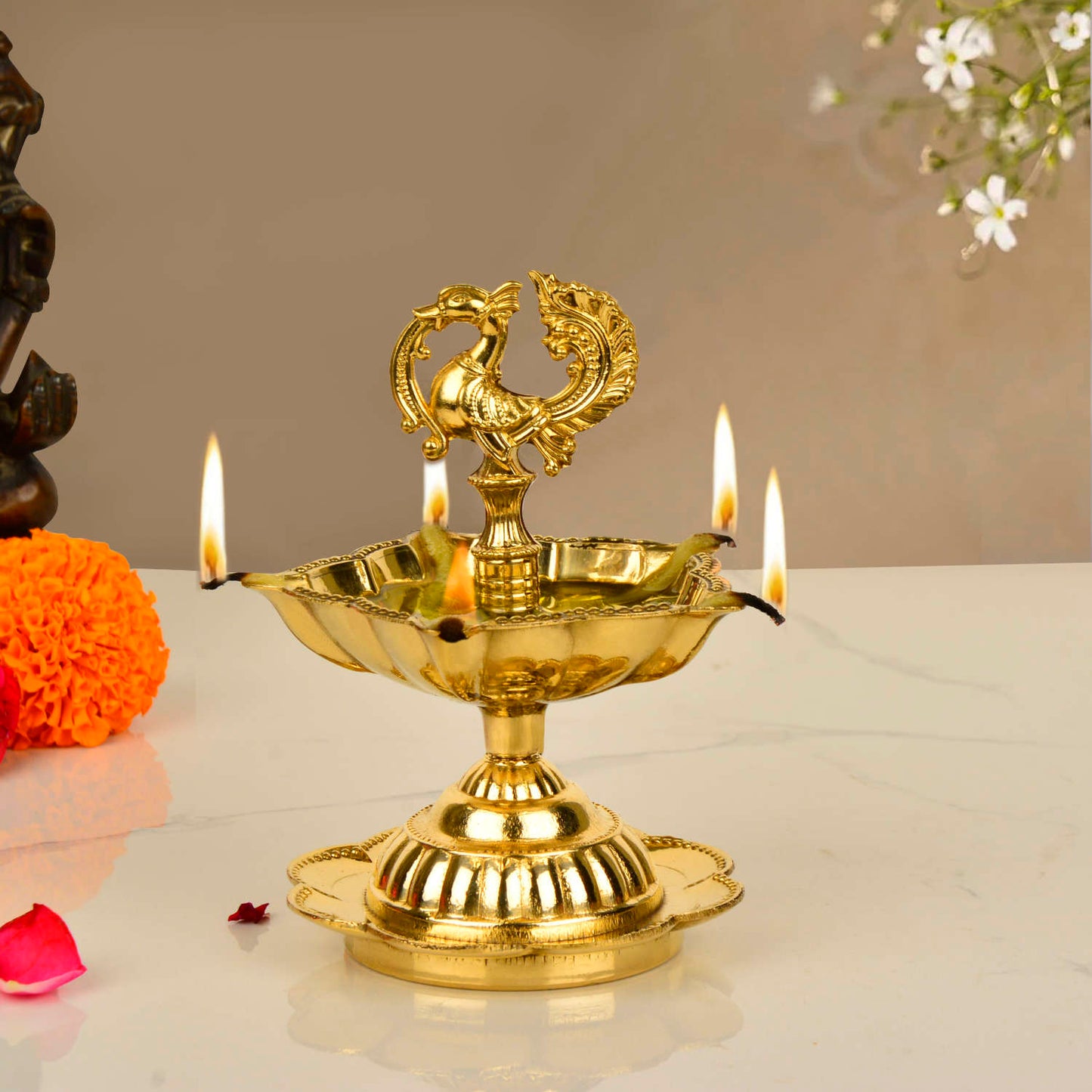 Premium Brass Dancing Peacock Panchmukhi Pooja Aarti Diya (L x B x H - 9 x 9 x 12 cm, 220 gm)