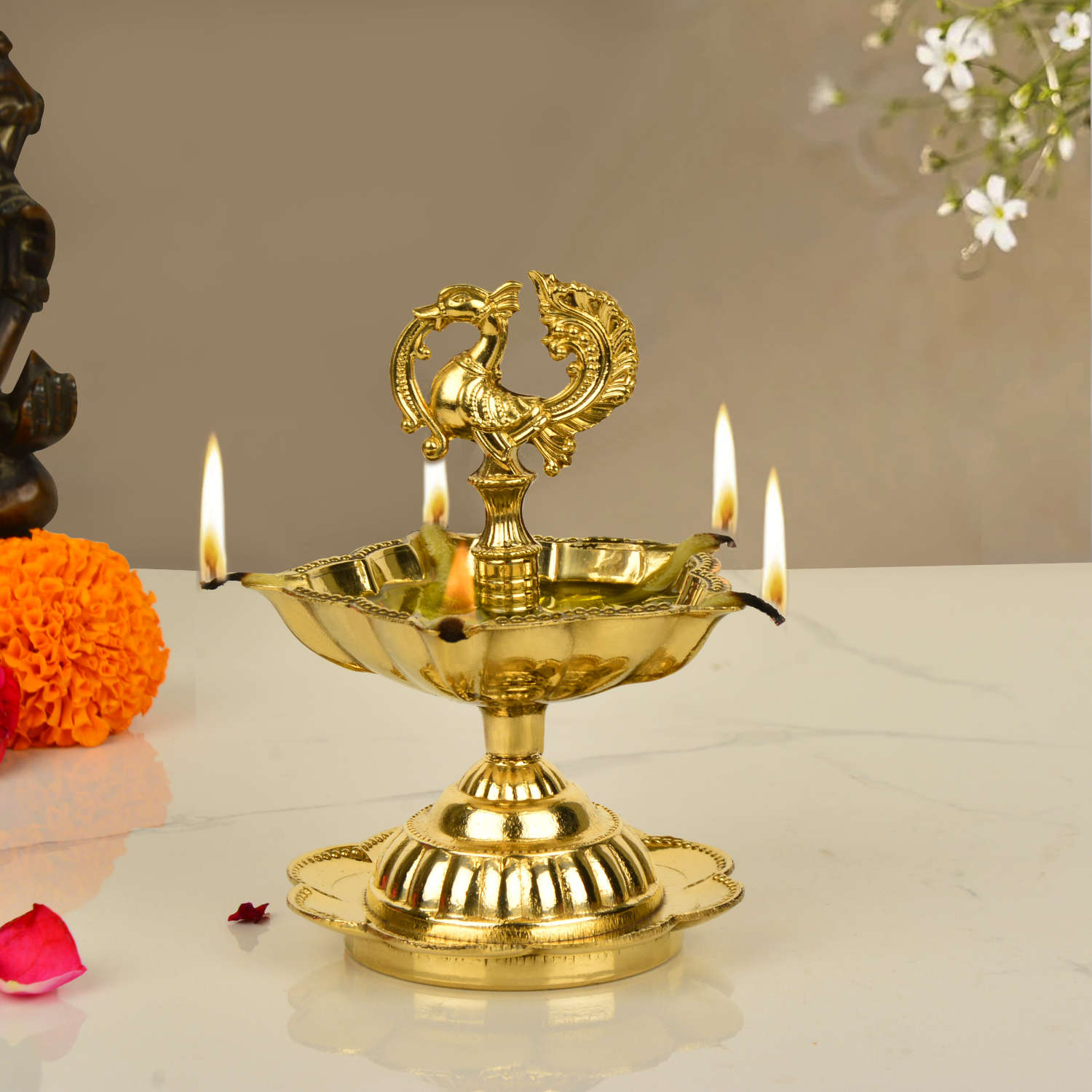 Premium Brass Dancing Peacock Panchmukhi Pooja Aarti Diya (L x B x H - 9 x 9 x 12 cm, 220 gm)