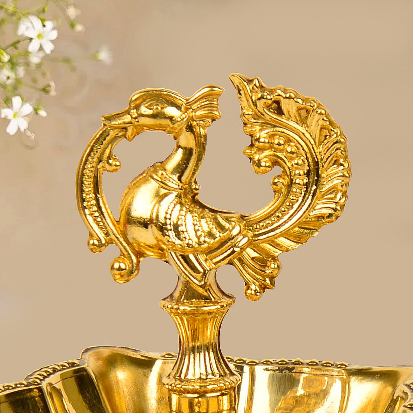 Premium Brass Dancing Peacock Panchmukhi Pooja Aarti Diya (L x B x H - 9 x 9 x 12 cm, 220 gm) - View 3