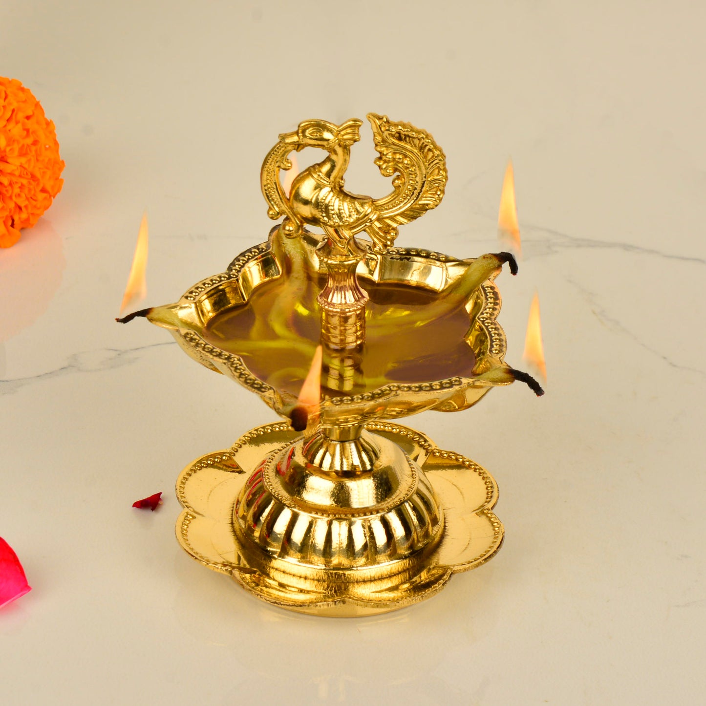 Premium Brass Dancing Peacock Panchmukhi Pooja Aarti Diya (L x B x H - 9 x 9 x 12 cm, 220 gm) - View 4