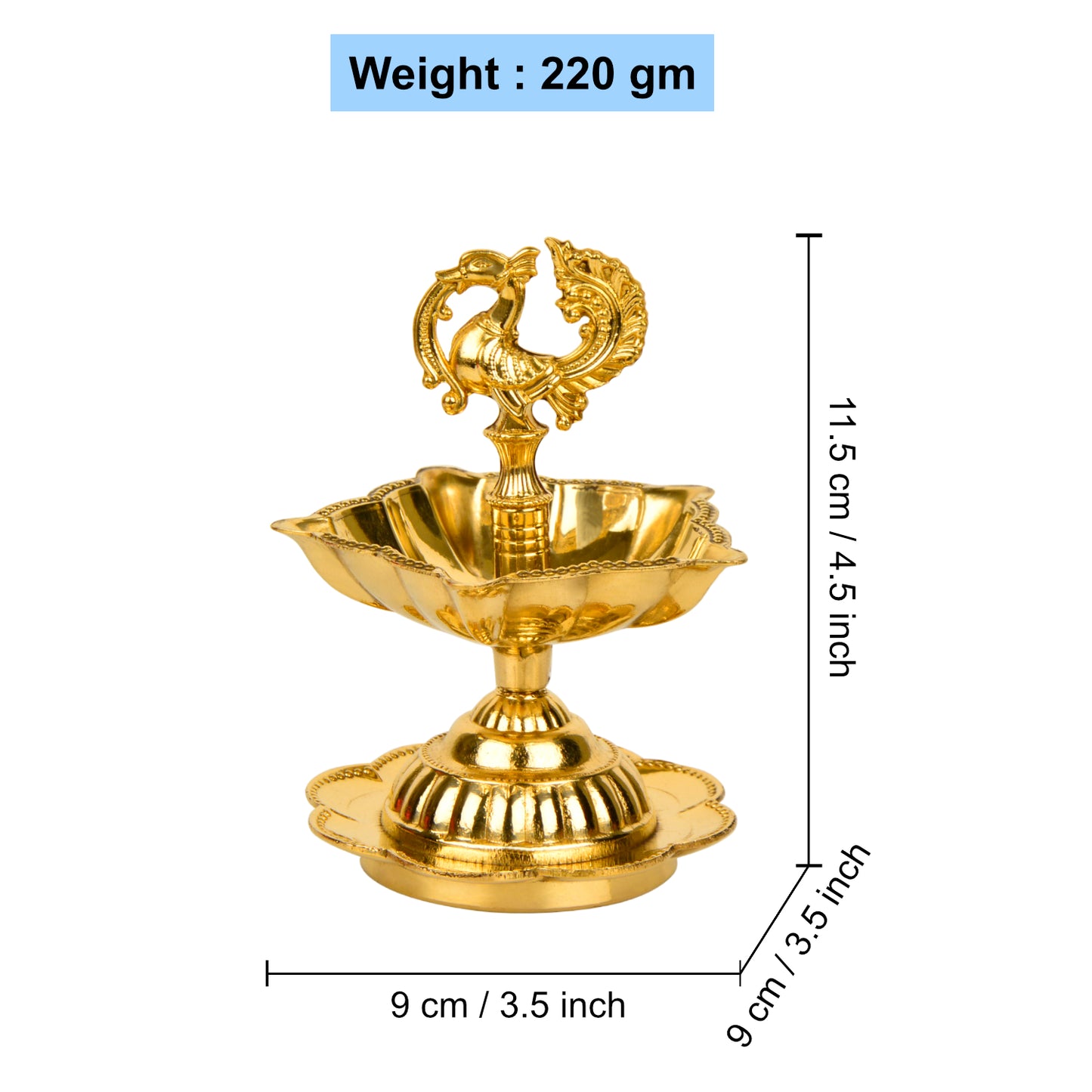 Premium Brass Dancing Peacock Panchmukhi Pooja Aarti Diya (L x B x H - 9 x 9 x 12 cm, 220 gm) - View 2
