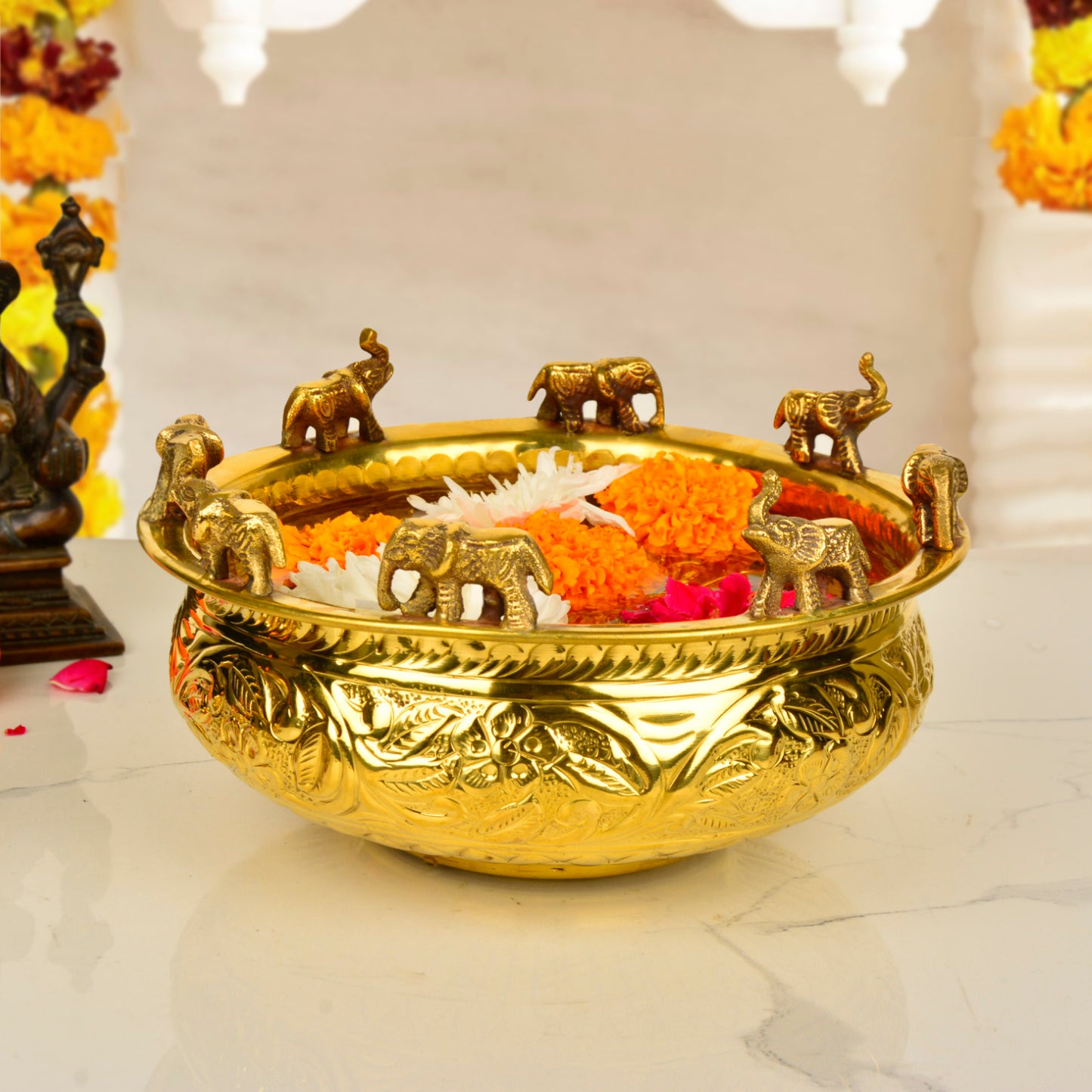 Handcrafted Elephant Design Decorative Brass Urli (Diameter – 20 cm, Weight – 690 gm)