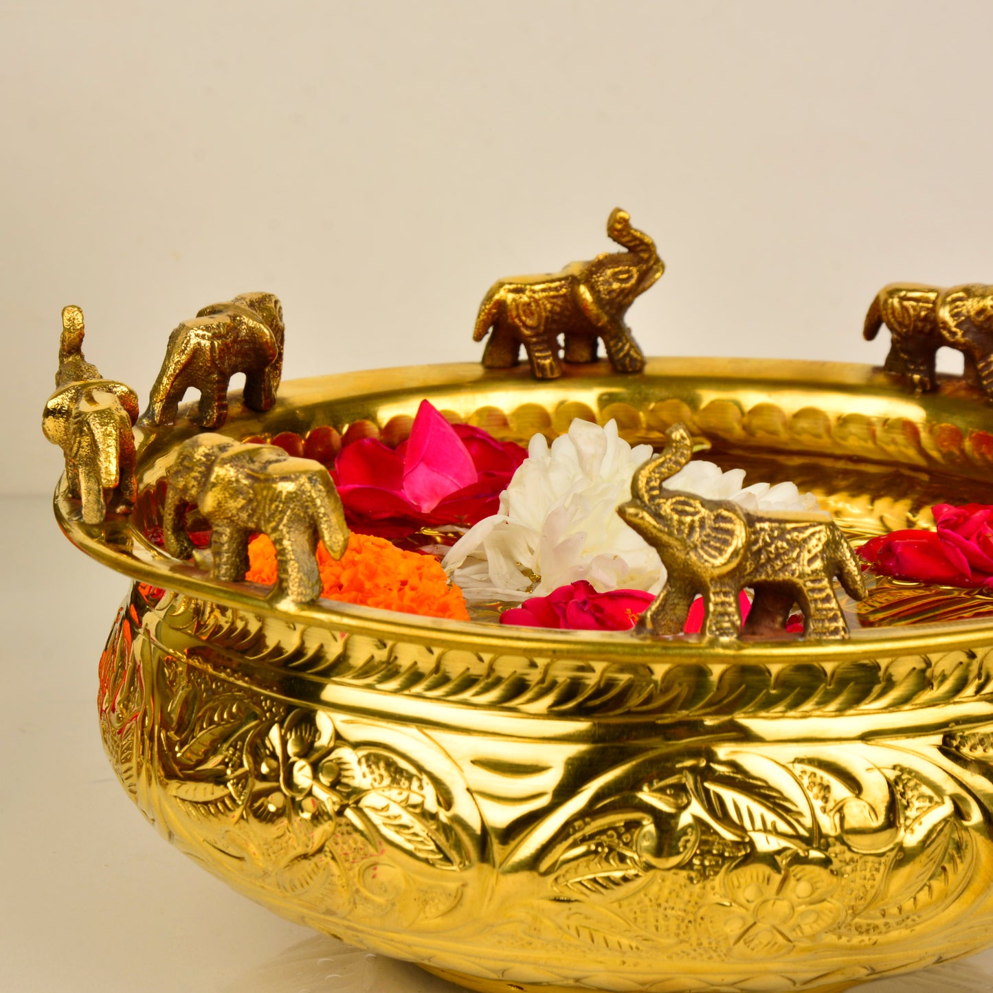 Handcrafted Elephant Design Decorative Brass Urli (Diameter – 20 cm, Weight – 690 gm) - View 3