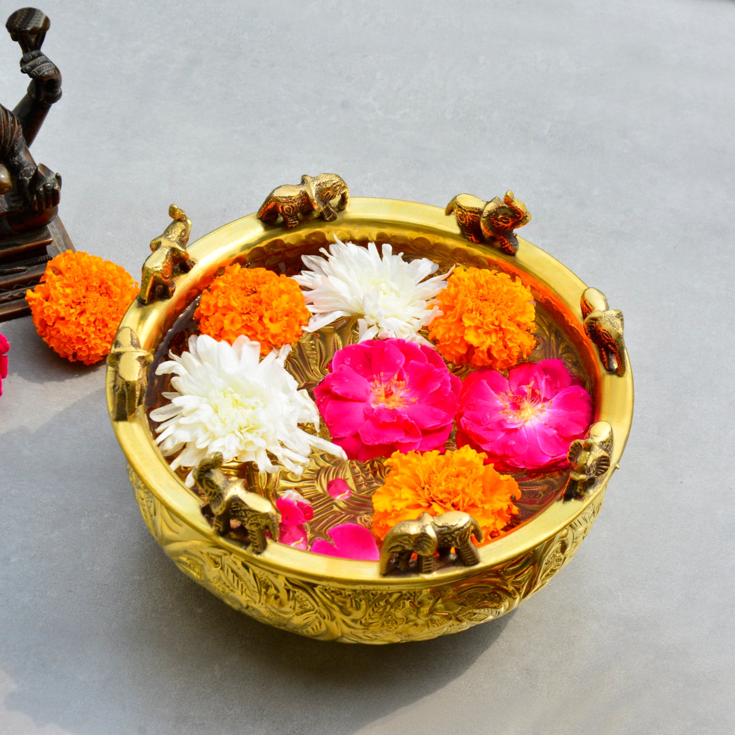 Handcrafted Elephant Design Decorative Brass Urli (Diameter – 20 cm, Weight – 690 gm) - View 6