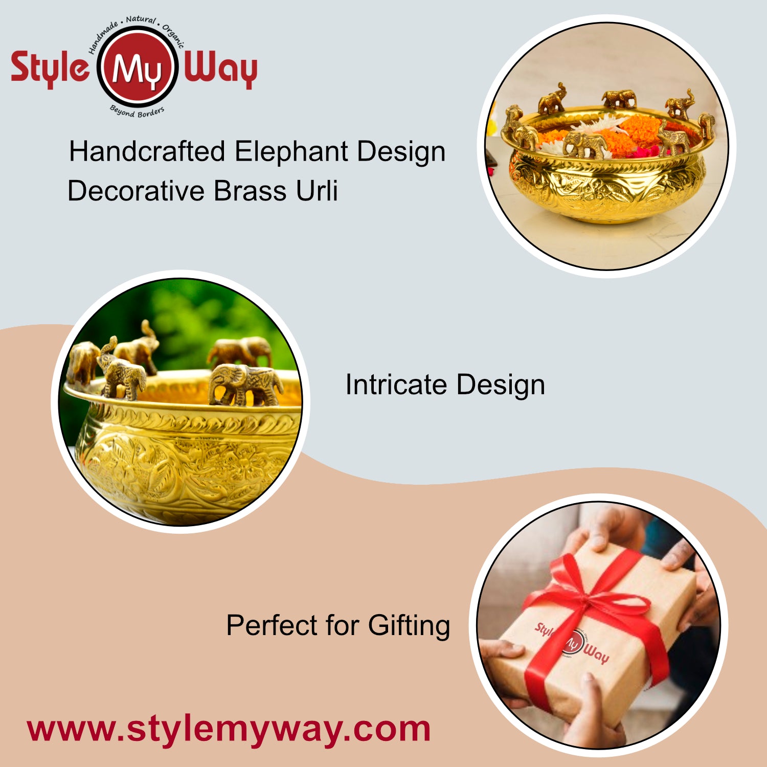 Handcrafted Elephant Design Decorative Brass Urli (Diameter – 20 cm, Weight – 690 gm) - View 7