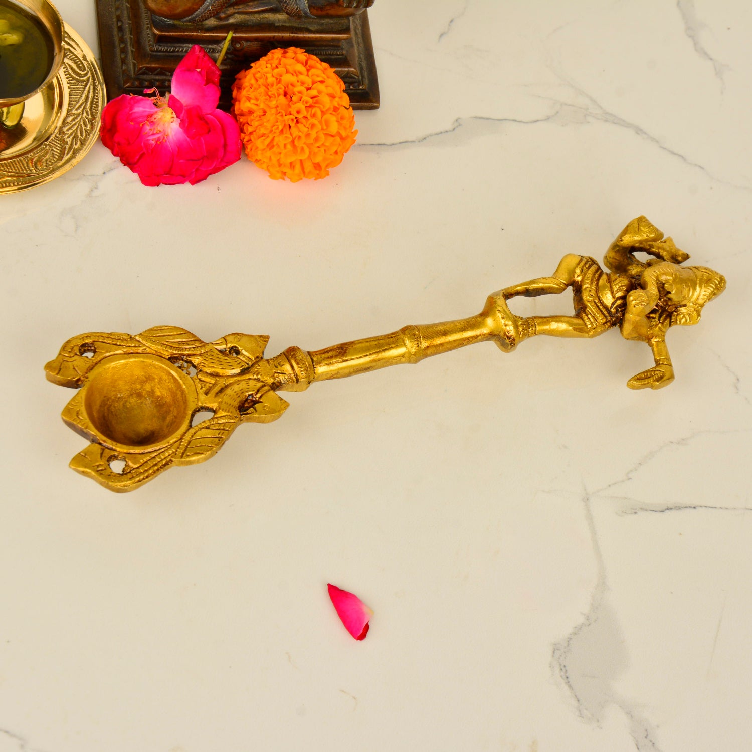 Handcrafted Brass Pooja Spoon with Dancing Ganesha (10 inches, 425 gm)
