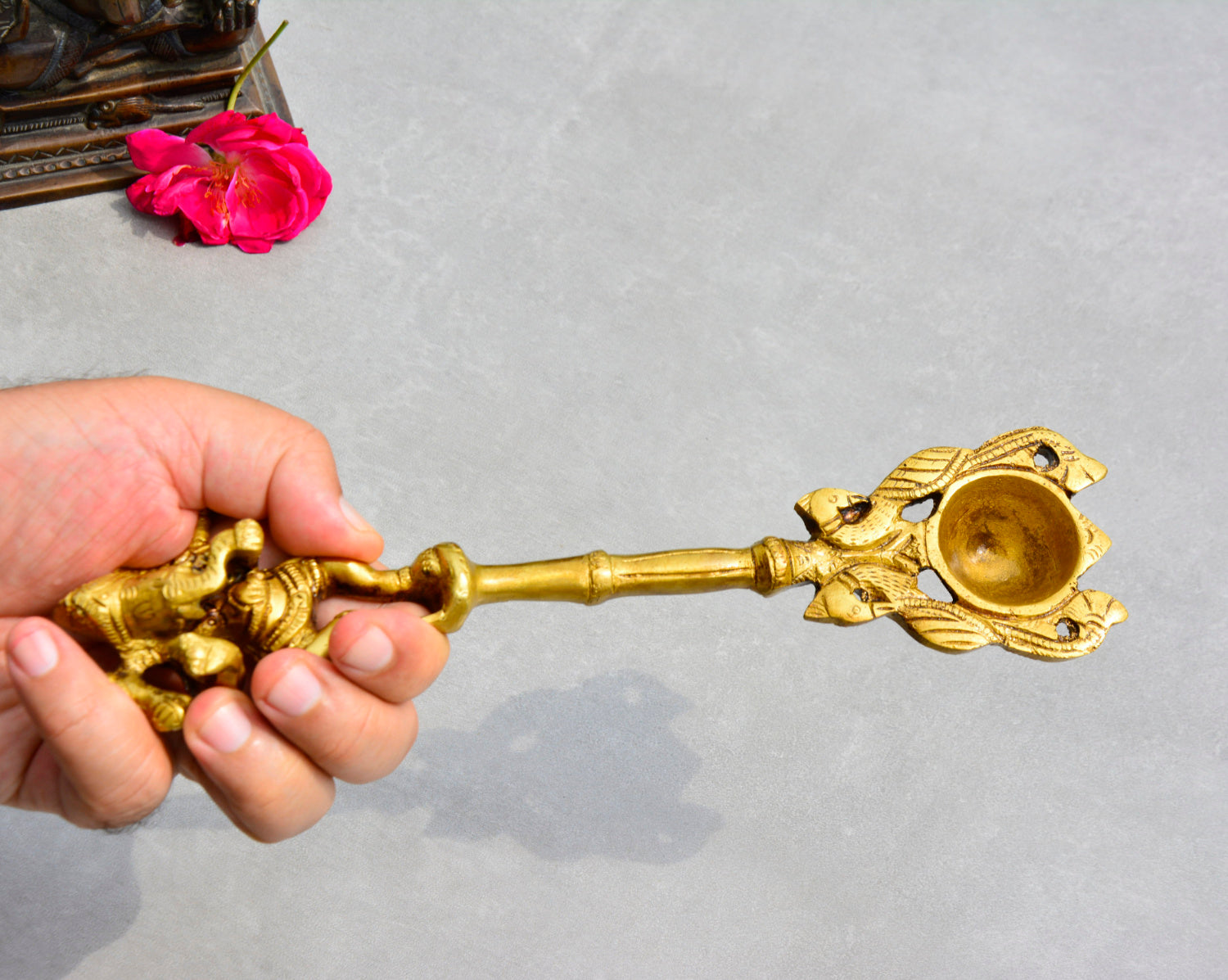 Handcrafted Brass Pooja Spoon with Dancing Ganesha (10 inches, 425 gm) - View 4