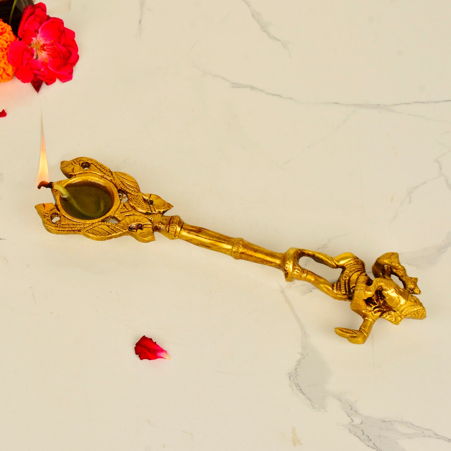 Handcrafted Brass Pooja Spoon with Dancing Ganesha (10 inches, 425 gm) - View 5