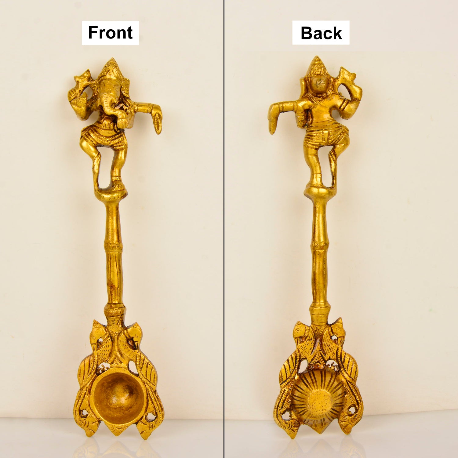 Handcrafted Brass Pooja Spoon with Dancing Ganesha (10 inches, 425 gm) - View 6