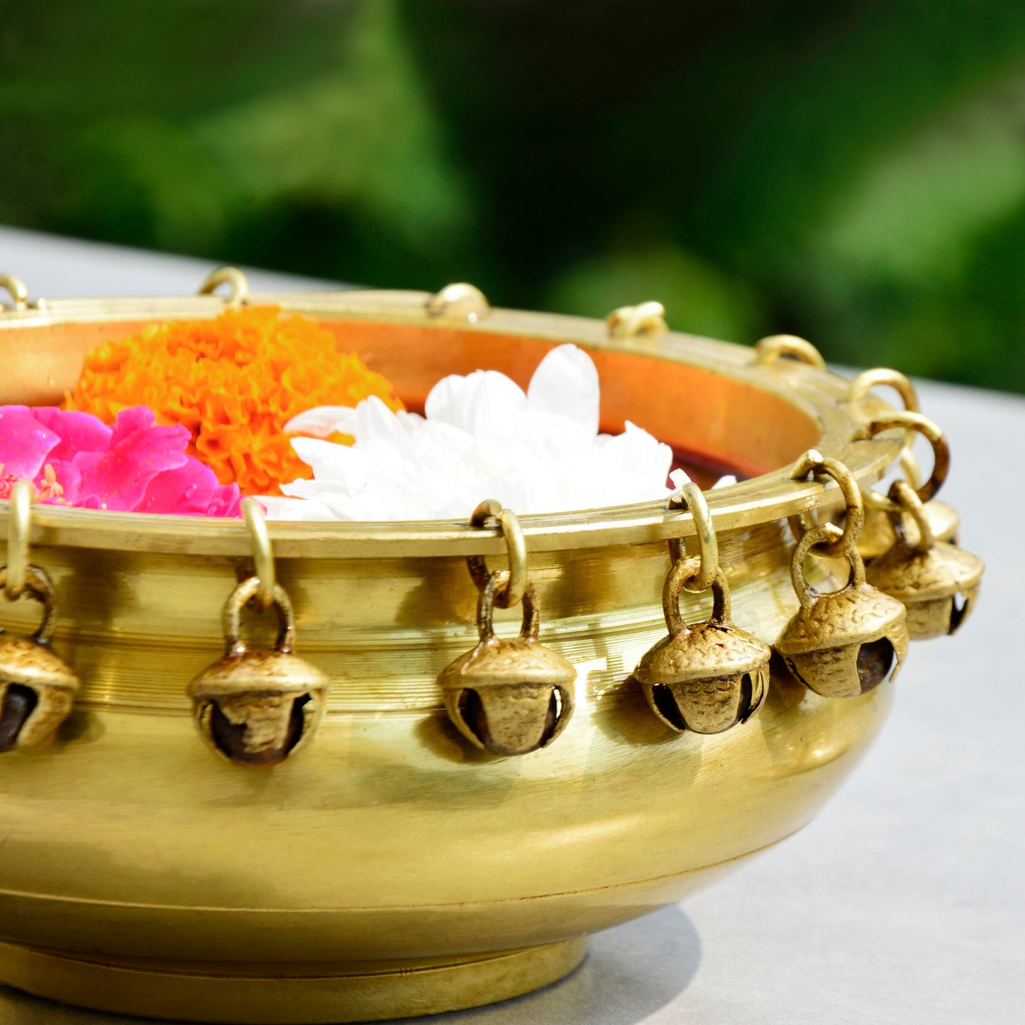 Handcrafted Premium Decorative Brass Urli with Ghungroo (Diameter – 15 cm, Weight – 930 gm) - View 3
