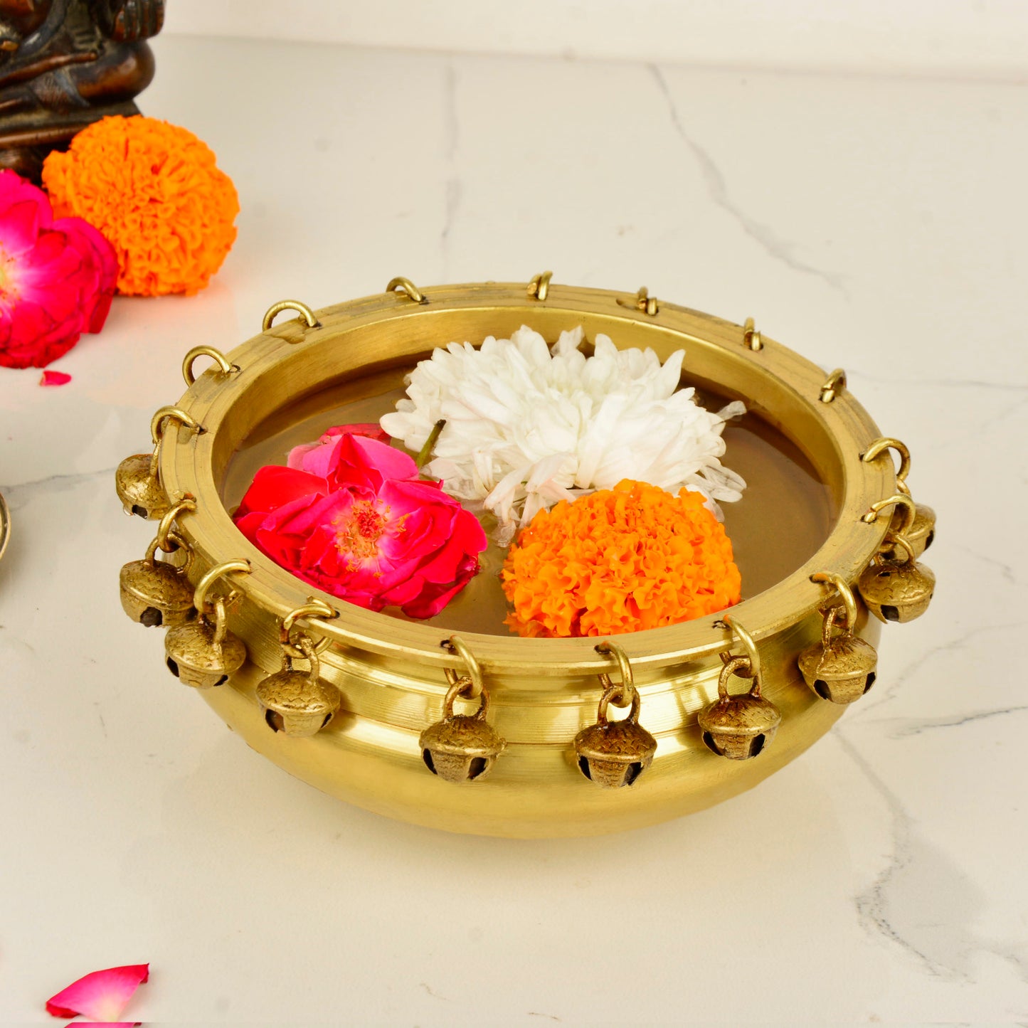 Handcrafted Premium Decorative Brass Urli with Ghungroo (Diameter – 15 cm, Weight – 930 gm) - View 5