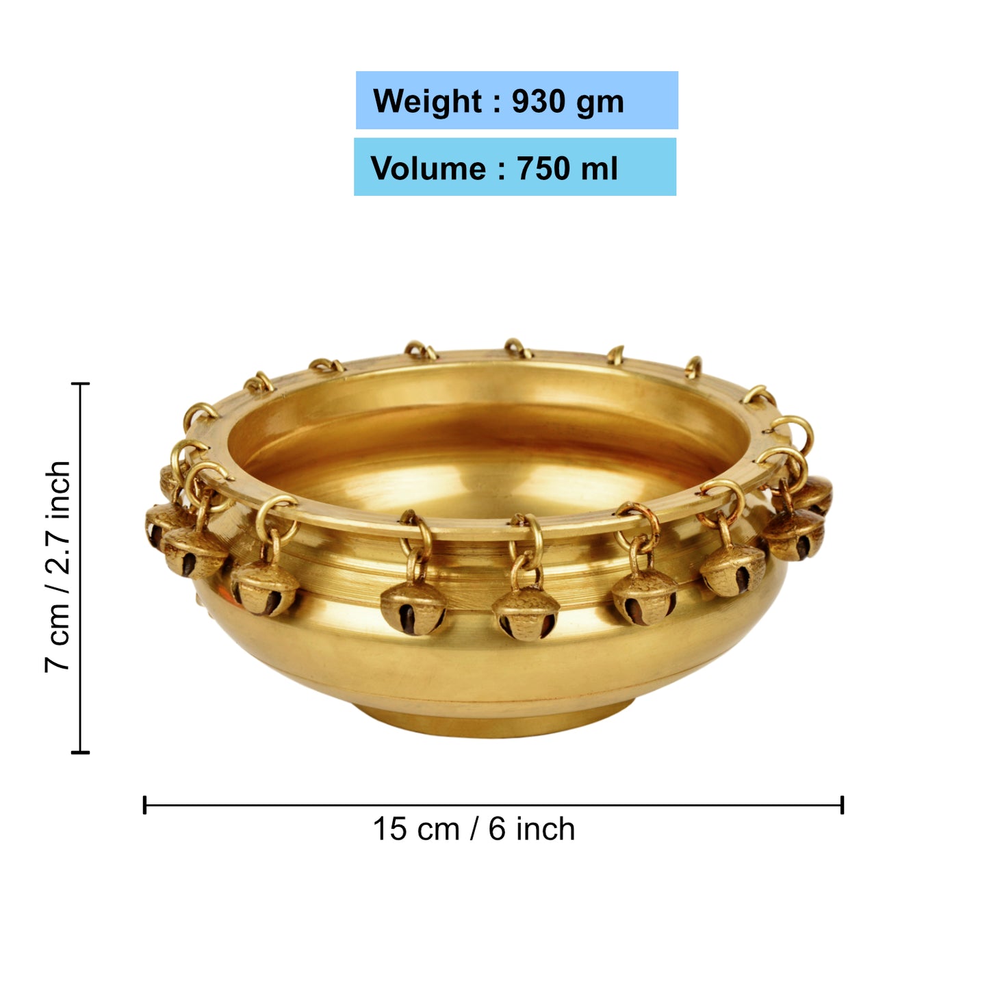 Handcrafted Premium Decorative Brass Urli with Ghungroo (Diameter – 15 cm, Weight – 930 gm) - View 2