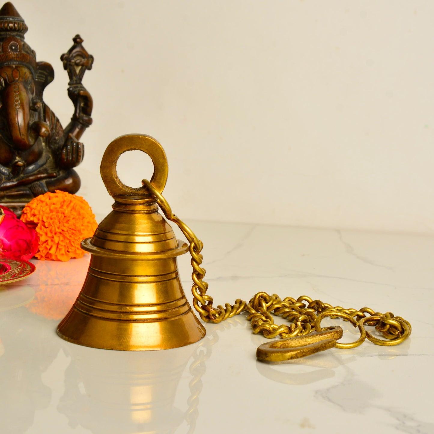 StyleMyway Pure Brass Antique Hanging Temple Bell (6.5 x 6.5 x 10 cm, 430 gm, Chain-42 cm) - View 5