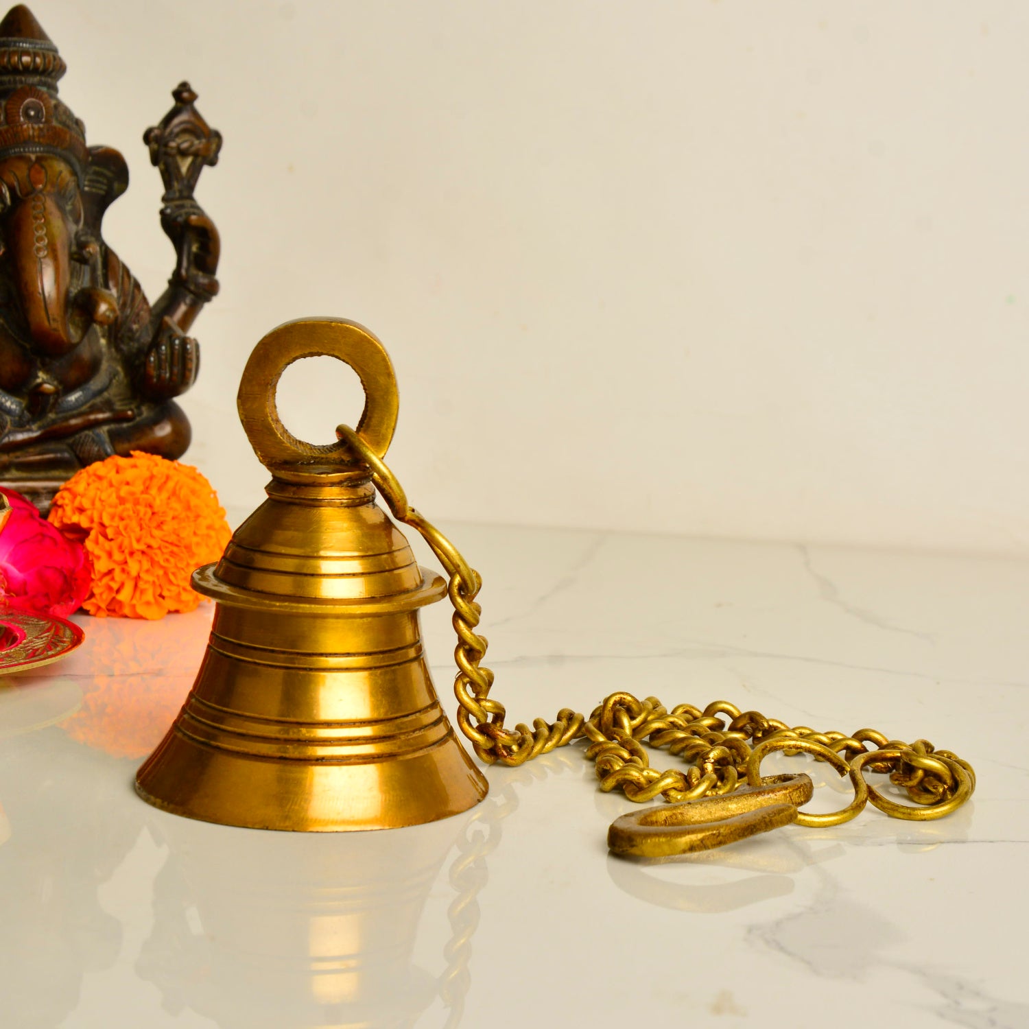 StyleMyway Pure Brass Antique Hanging Temple Bell (6.5 x 6.5 x 10 cm, 430 gm, Chain-42 cm) - View 5