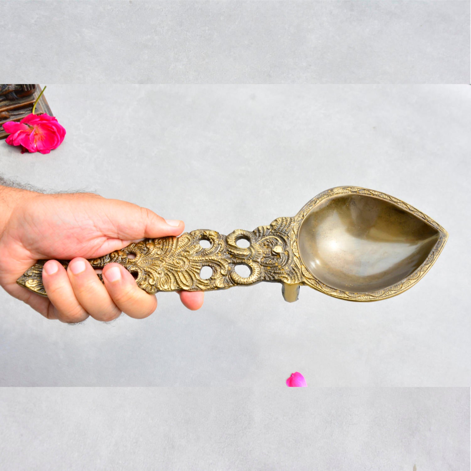 Handcrafted Brass Pooja Spoon with Divine Snake Design (13 inches, 830 gm) - View 3