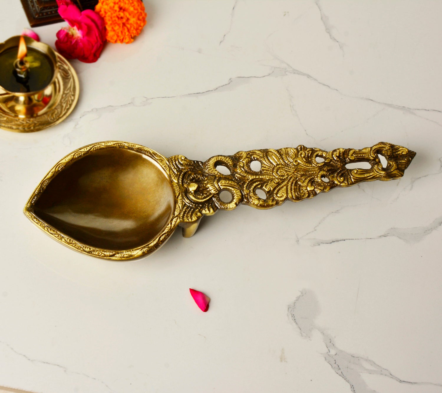 Handcrafted Brass Pooja Spoon with Divine Snake Design (13 inches, 830 gm) - View 5
