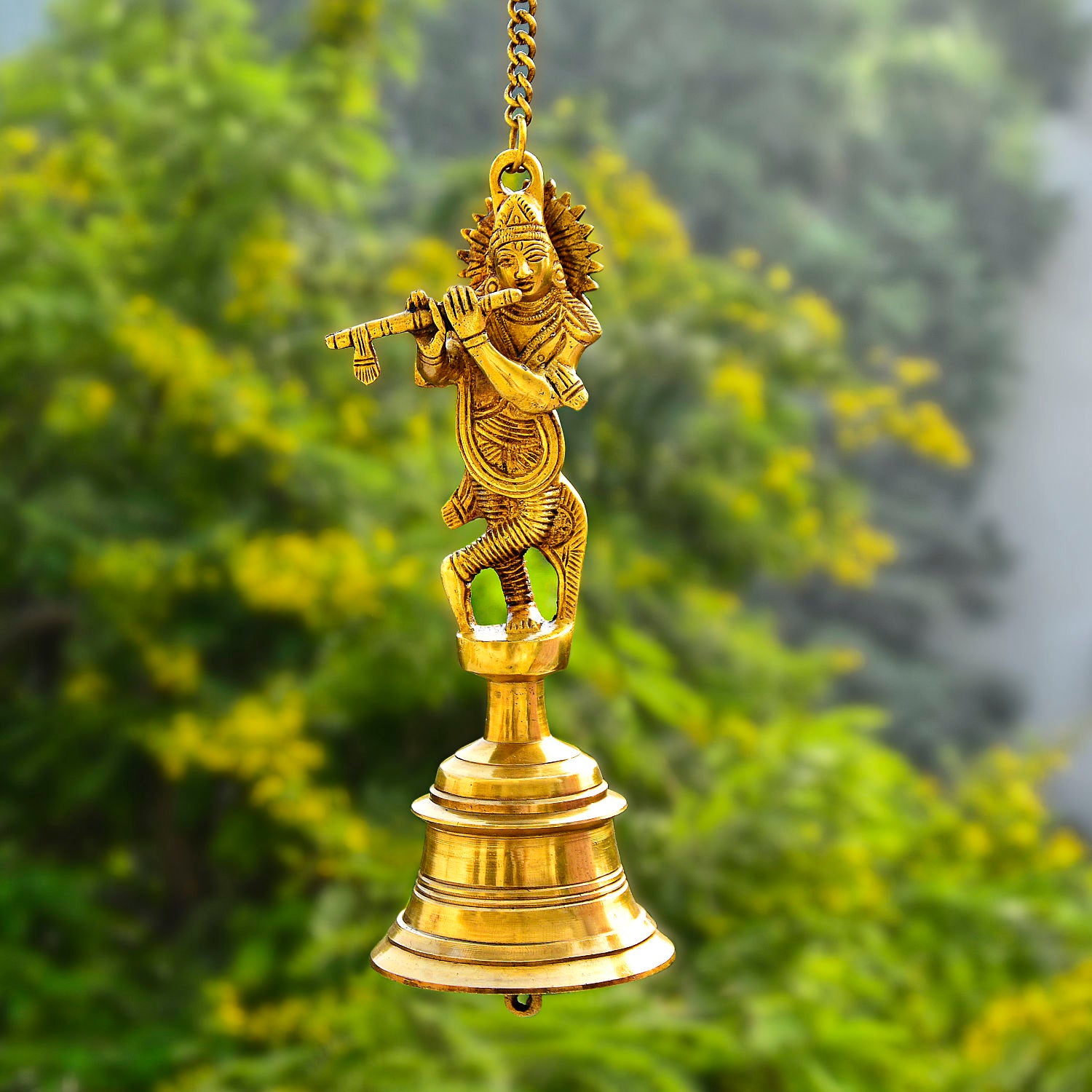 StyleMyway Pure Brass Antique Hanging Temple Bell with Krishna Playing Flute (3.6 x 3.6 x 9.6 inches, 1.1 kg, Chain-15 inches)