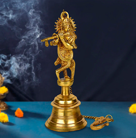 StyleMyway Pure Brass Antique Hanging Temple Bell with Krishna Playing Flute (3.6 x 3.6 x 9.6 inches, 1.1 kg, Chain-15 inches) - View 3