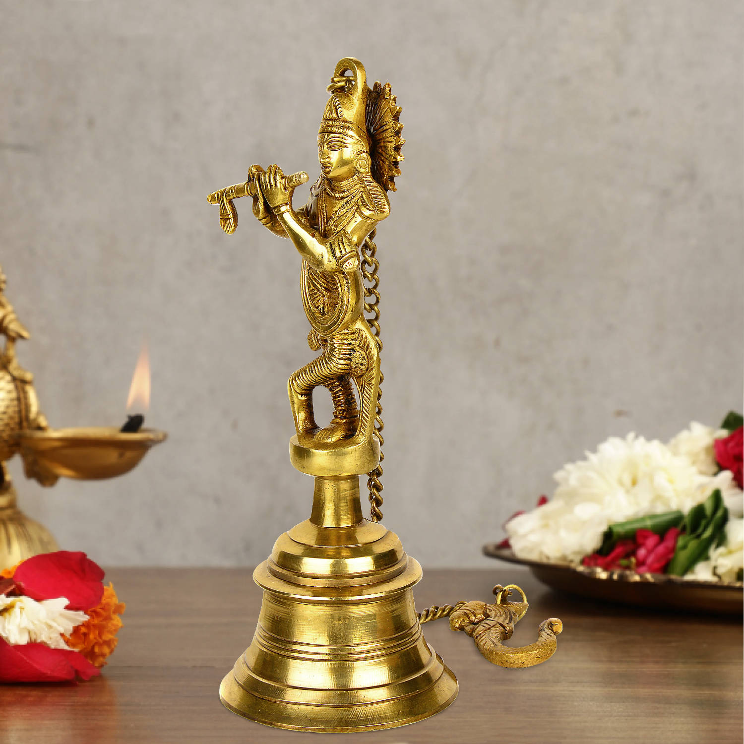StyleMyway Pure Brass Antique Hanging Temple Bell with Krishna Playing Flute (3.6 x 3.6 x 9.6 inches, 1.1 kg, Chain-15 inches) - View 4