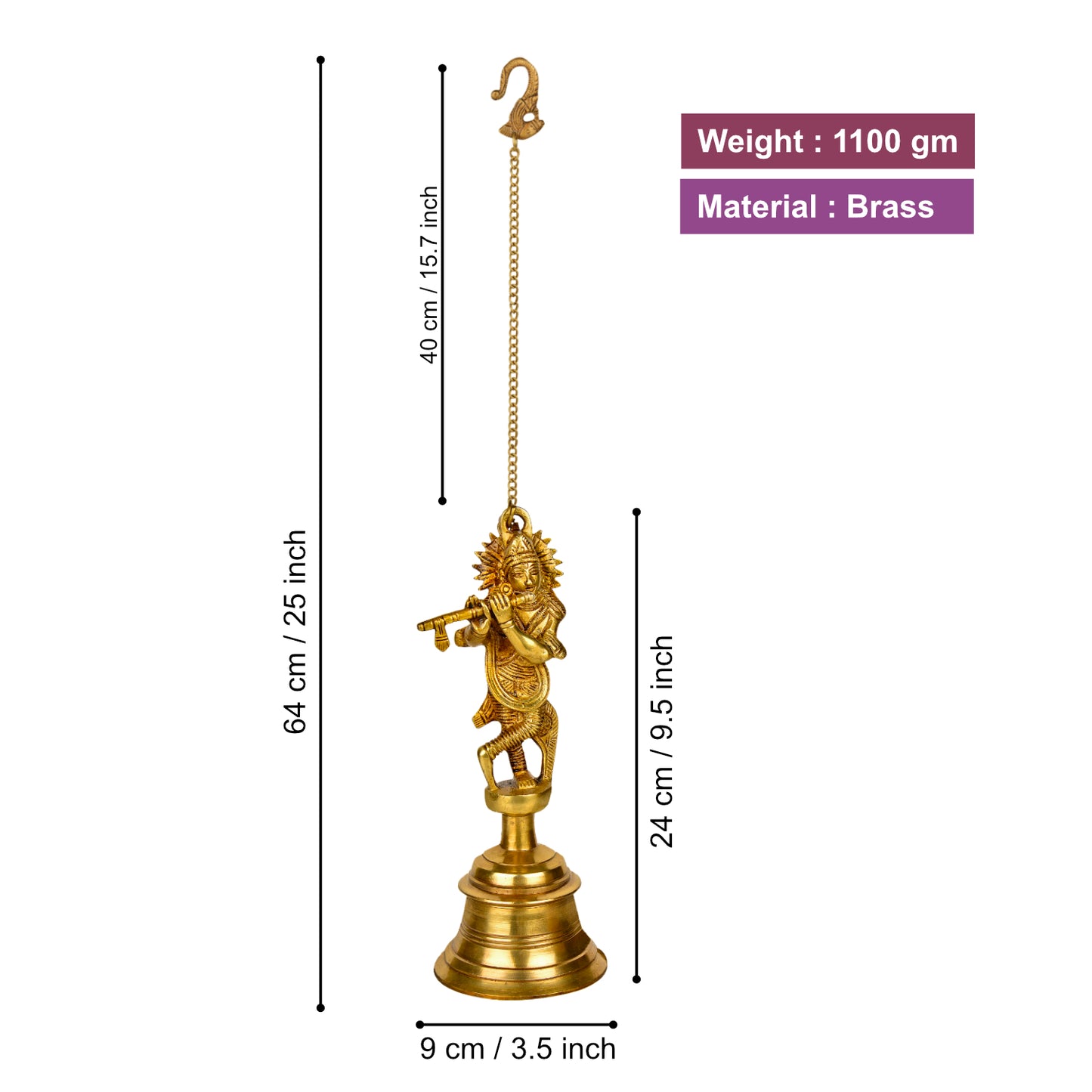 StyleMyway Pure Brass Antique Hanging Temple Bell with Krishna Playing Flute (3.6 x 3.6 x 9.6 inches, 1.1 kg, Chain-15 inches) - View 2