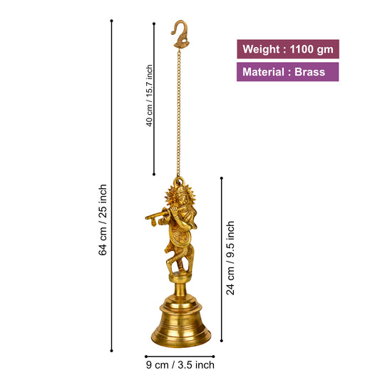 StyleMyway Pure Brass Antique Hanging Temple Bell with Krishna Playing Flute (3.6 x 3.6 x 9.6 inches, 1.1 kg, Chain-15 inches) - View 2