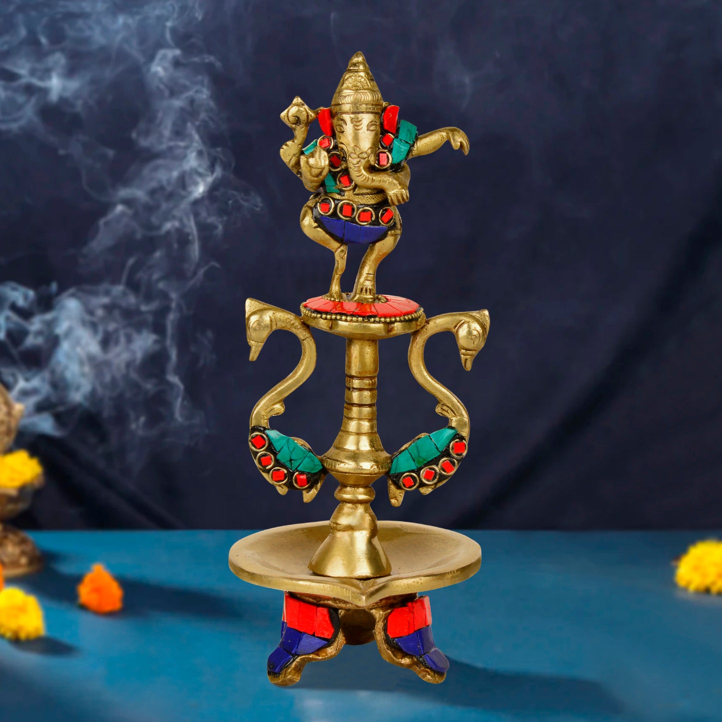 Premium Brass Dancing Ganesha Gemstone Work Pooja Aarti Diya (8.8 inches, 780 gm)