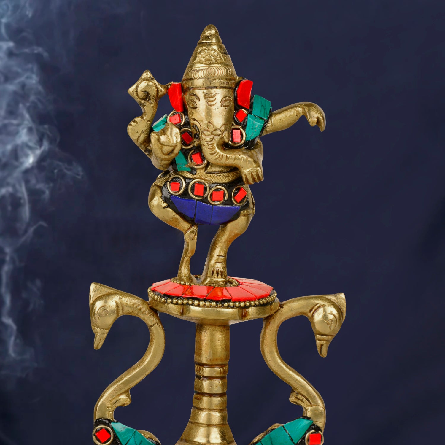 Premium Brass Dancing Ganesha Gemstone Work Pooja Aarti Diya (8.8 inches, 780 gm) - View 3